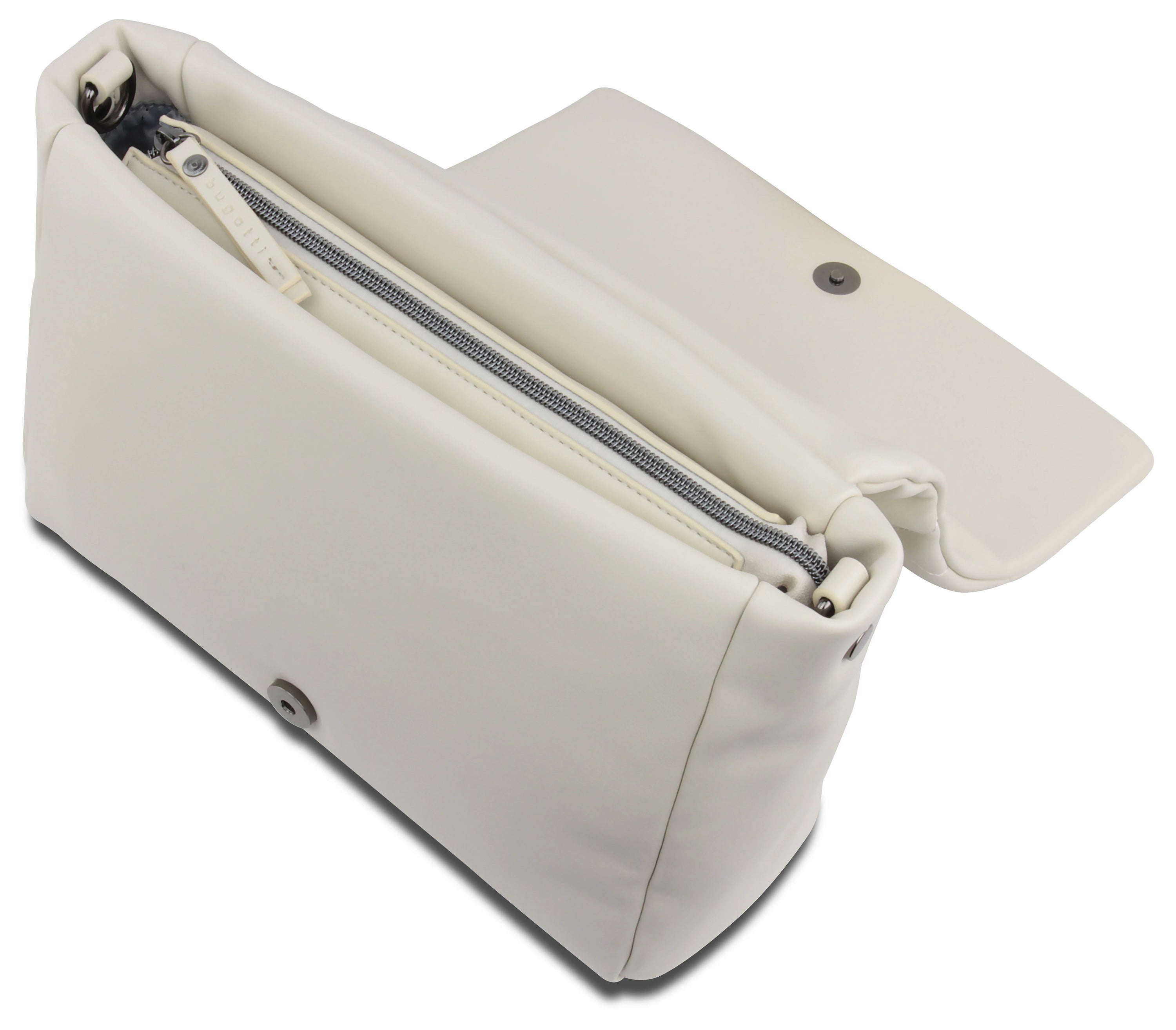 White bugatti bag, minimalist design, zipper detail, elegant clasp.