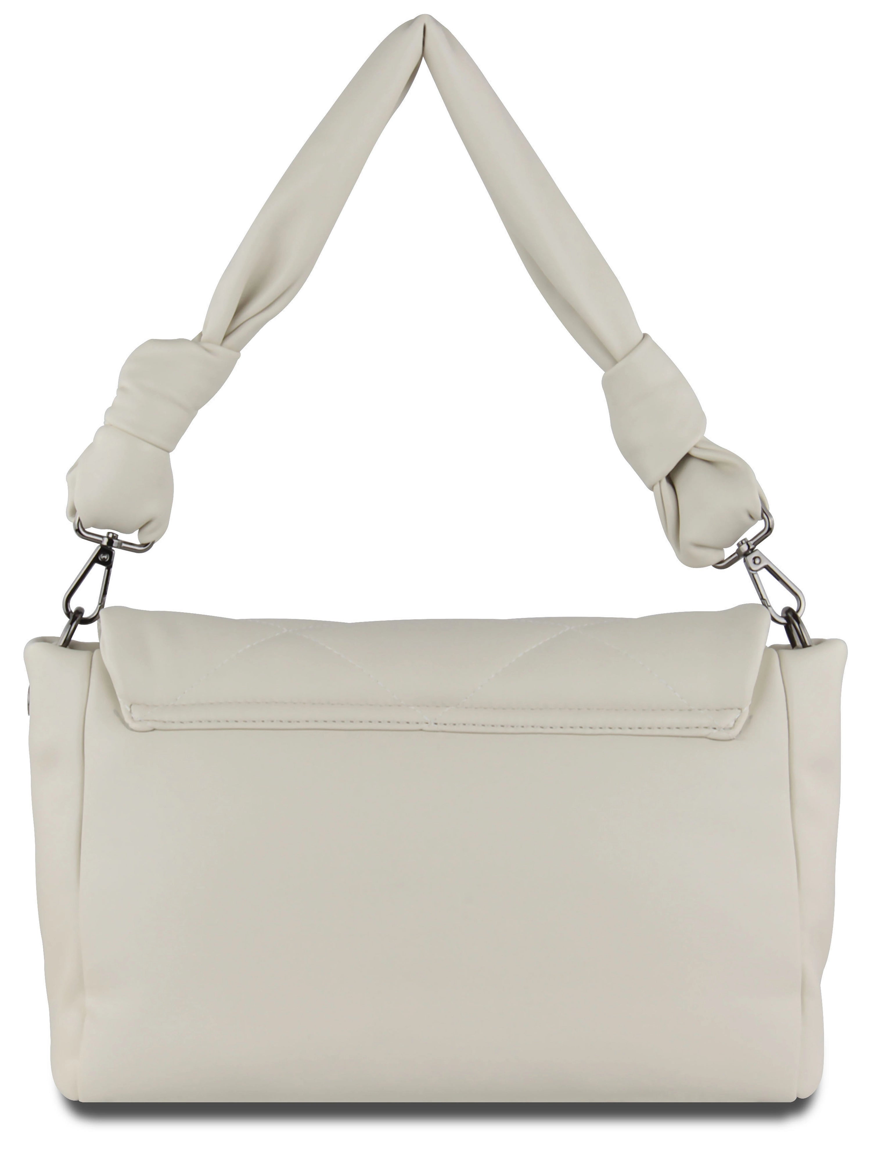Cream white bugatti shoulder bag with knot strap, elegant design, bust view.