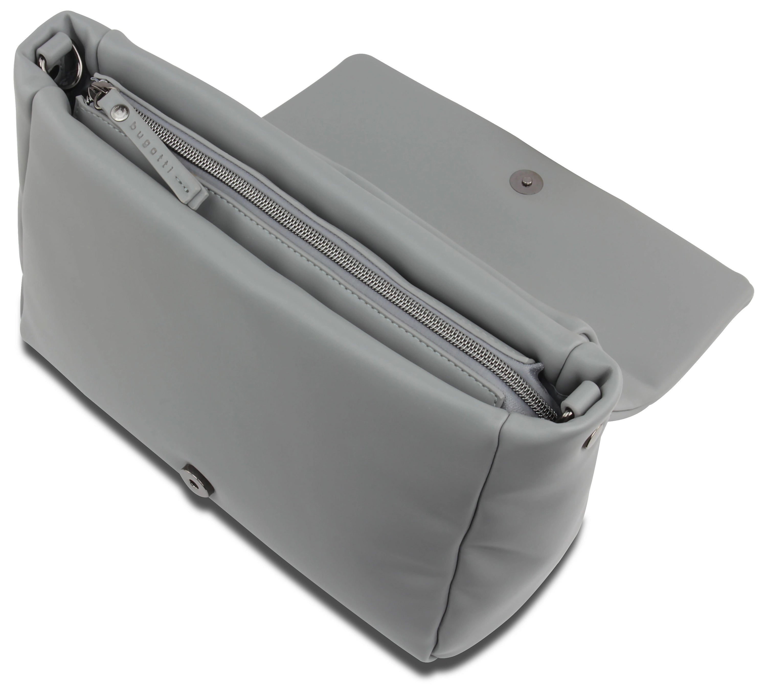 Graue bugatti Tasche, Büstenbild, elegante Verarbeitung und minimalistisches Design.