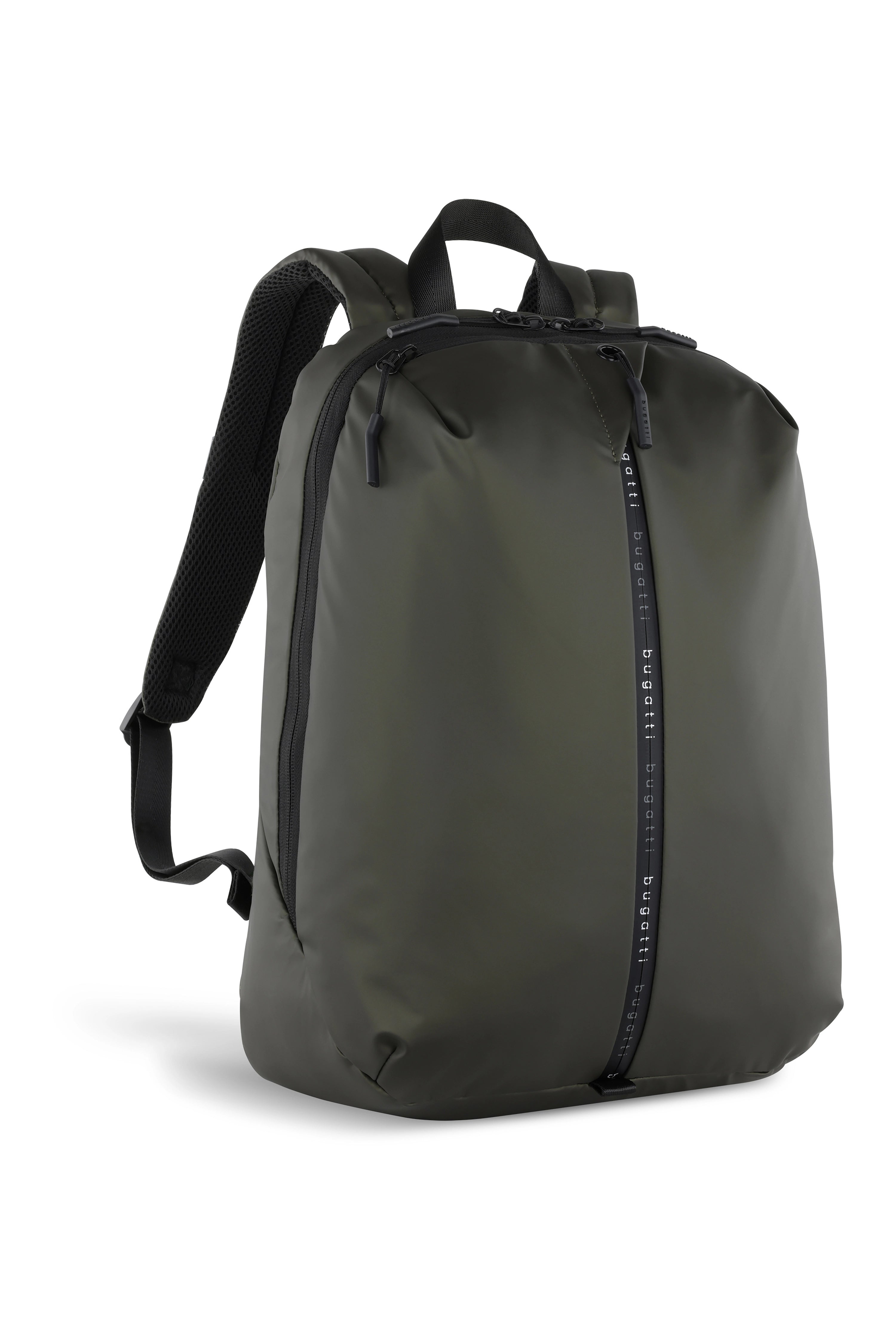 Grüner bugatti Rucksack, schlichtes Design, Büstenbild.