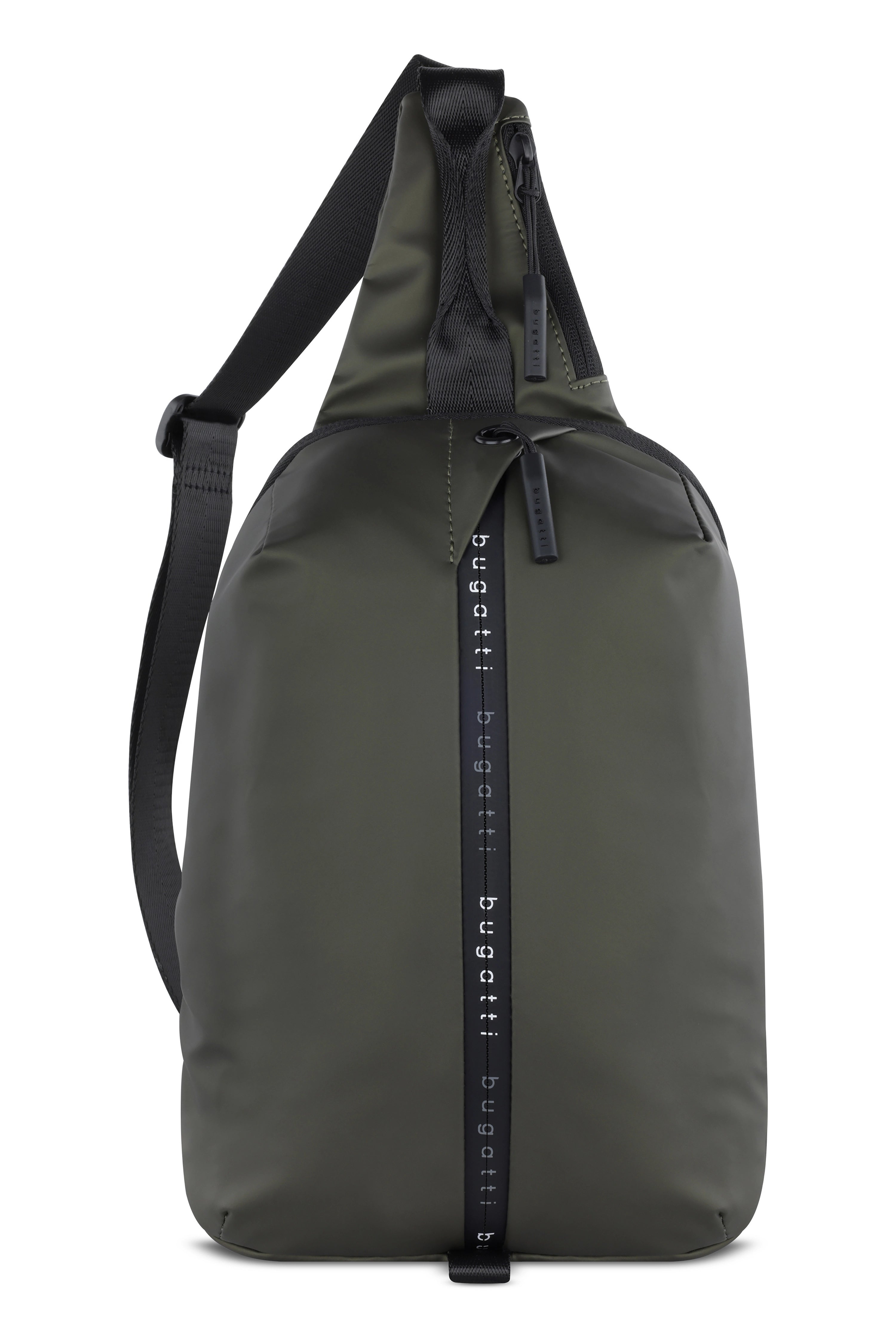 bugatti Rucksack, olivgrün, minimalistisches Design, Markenlogo, Büstenbild, elegante Funktionalität.