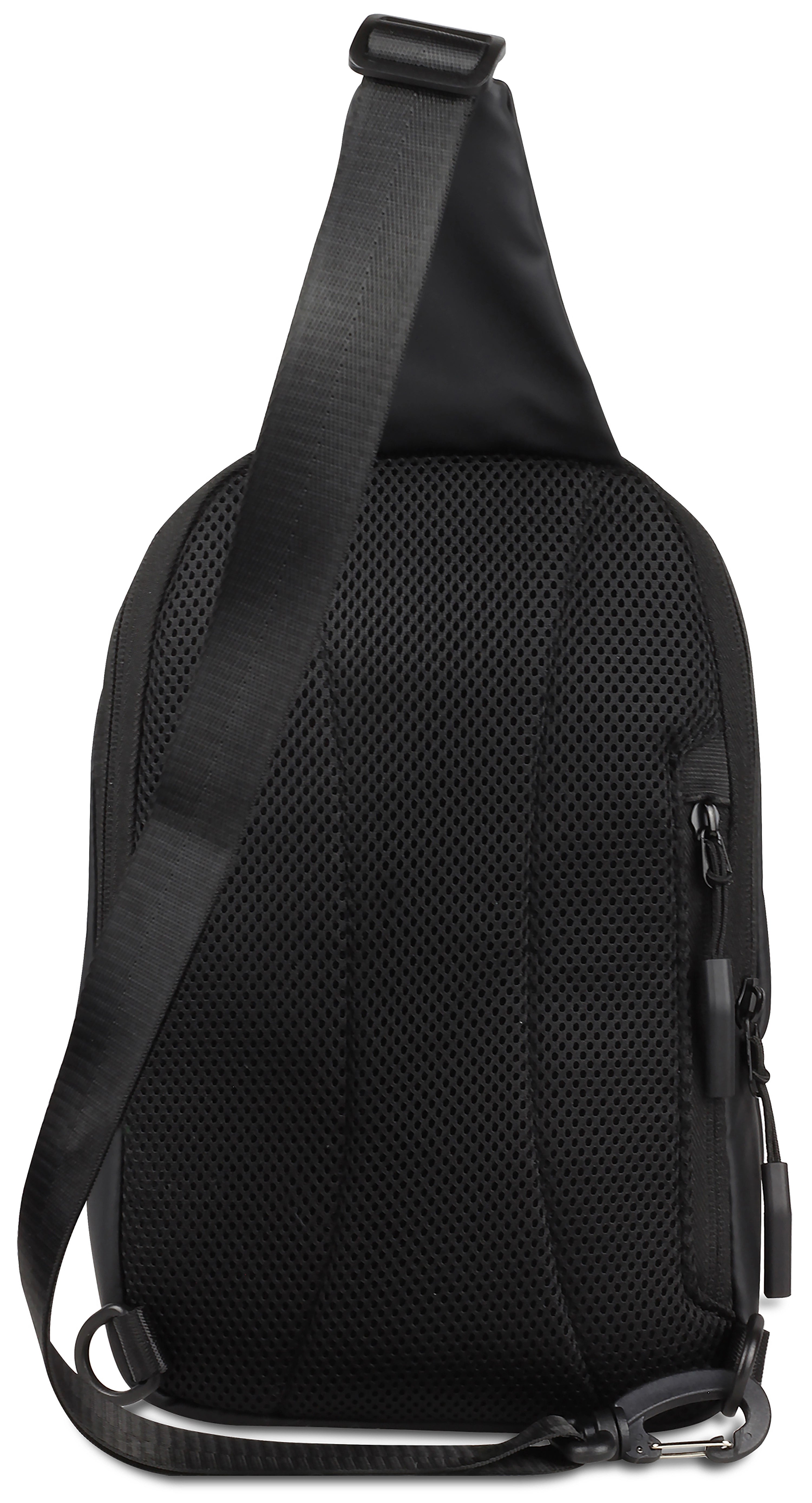 Schwarze bugatti Umhängetasche mit Netzrücken, Büstenbild.