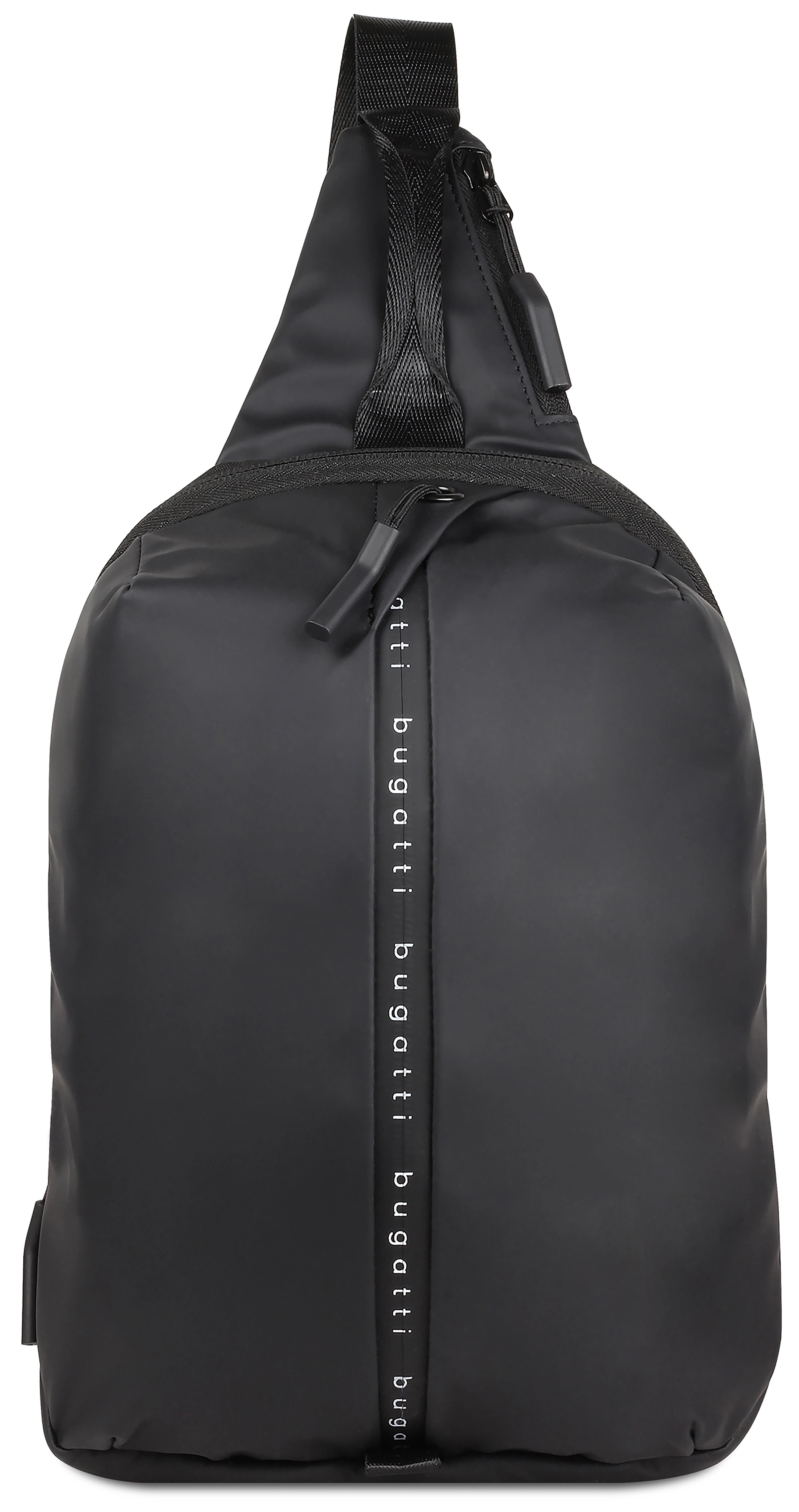 Schwarzer bugatti-Rucksack mit Logo-Design, Büstenbild.