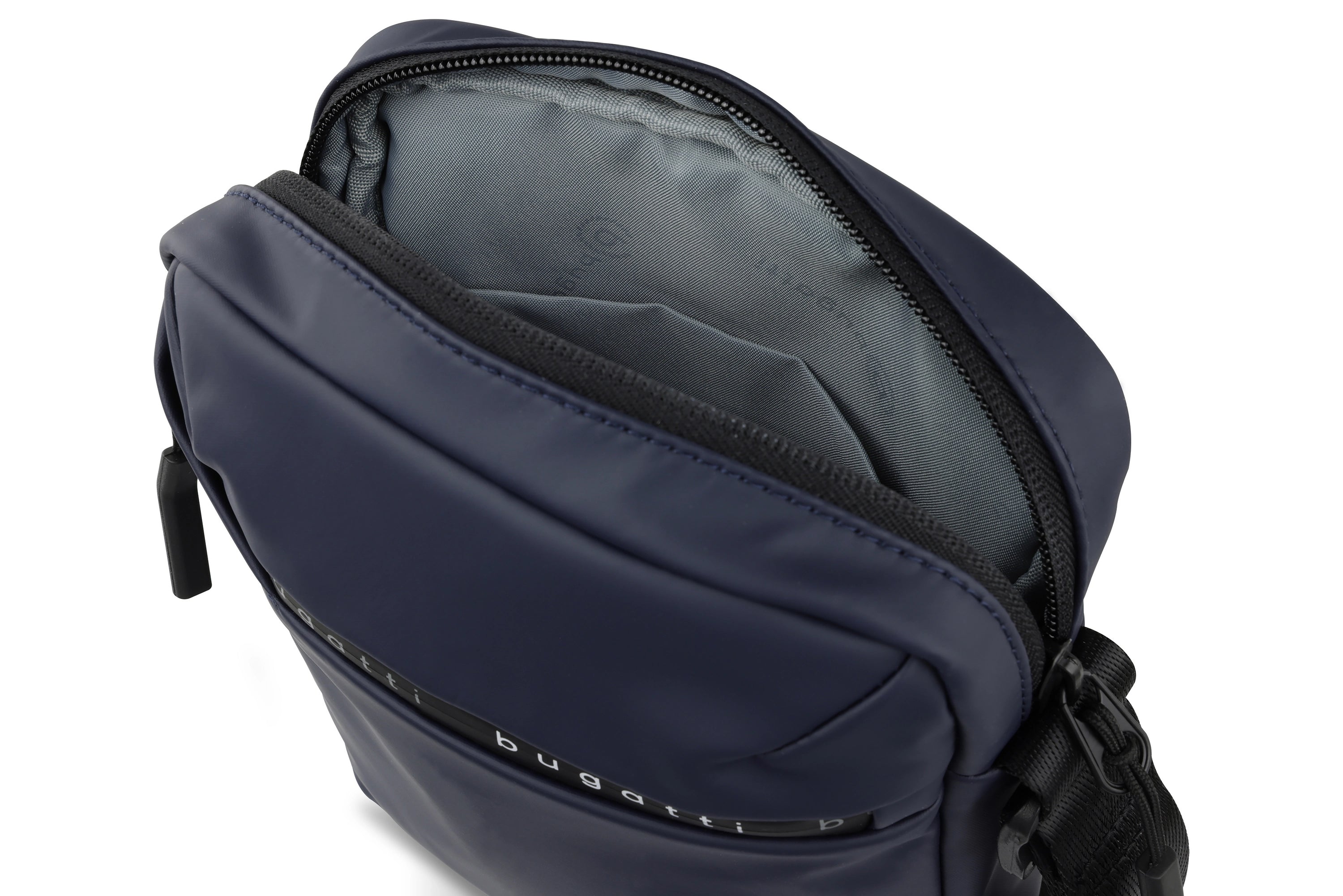 Dark blue bugatti crossbody bag, sleek design, zipper detail, stylish and functional.
