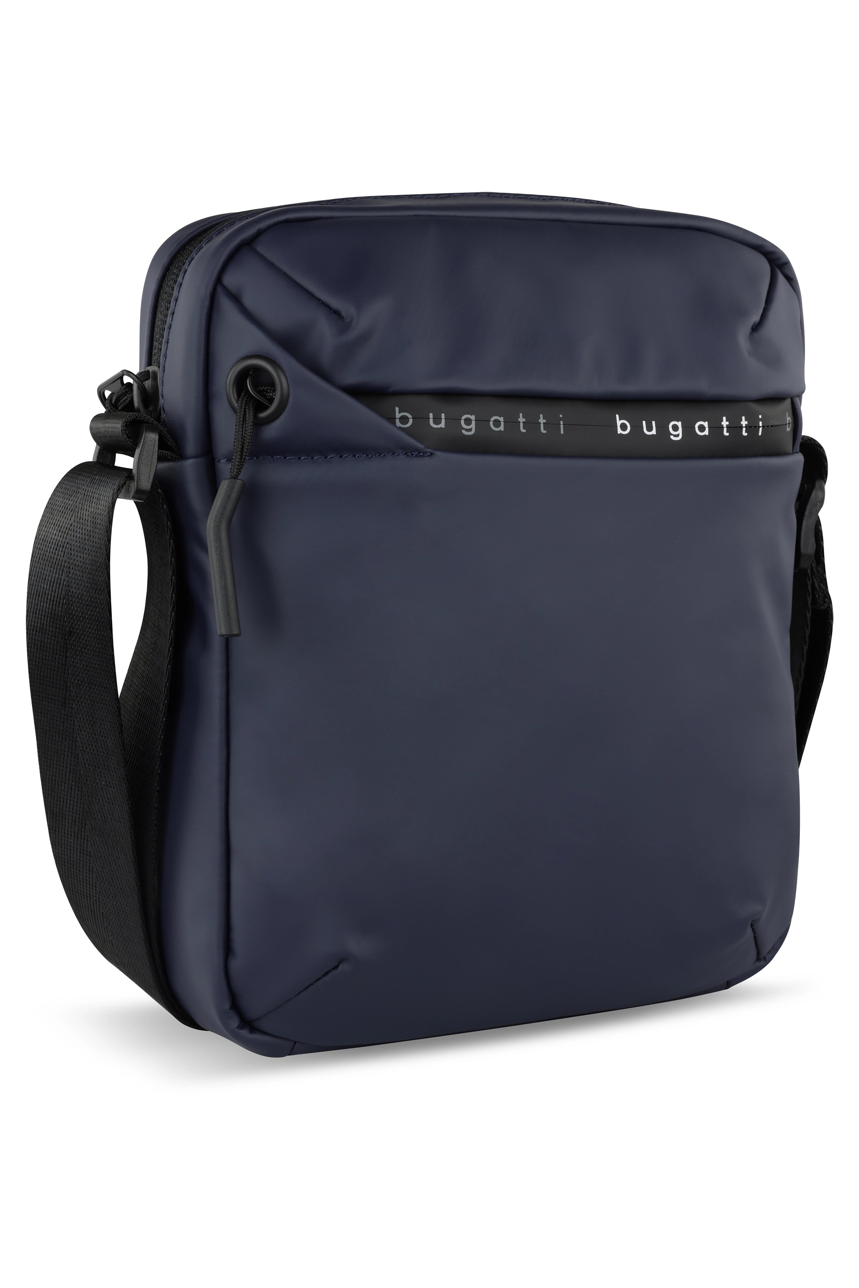 bugatti shoulder bag in dark blue, minimalist design, with black strap.