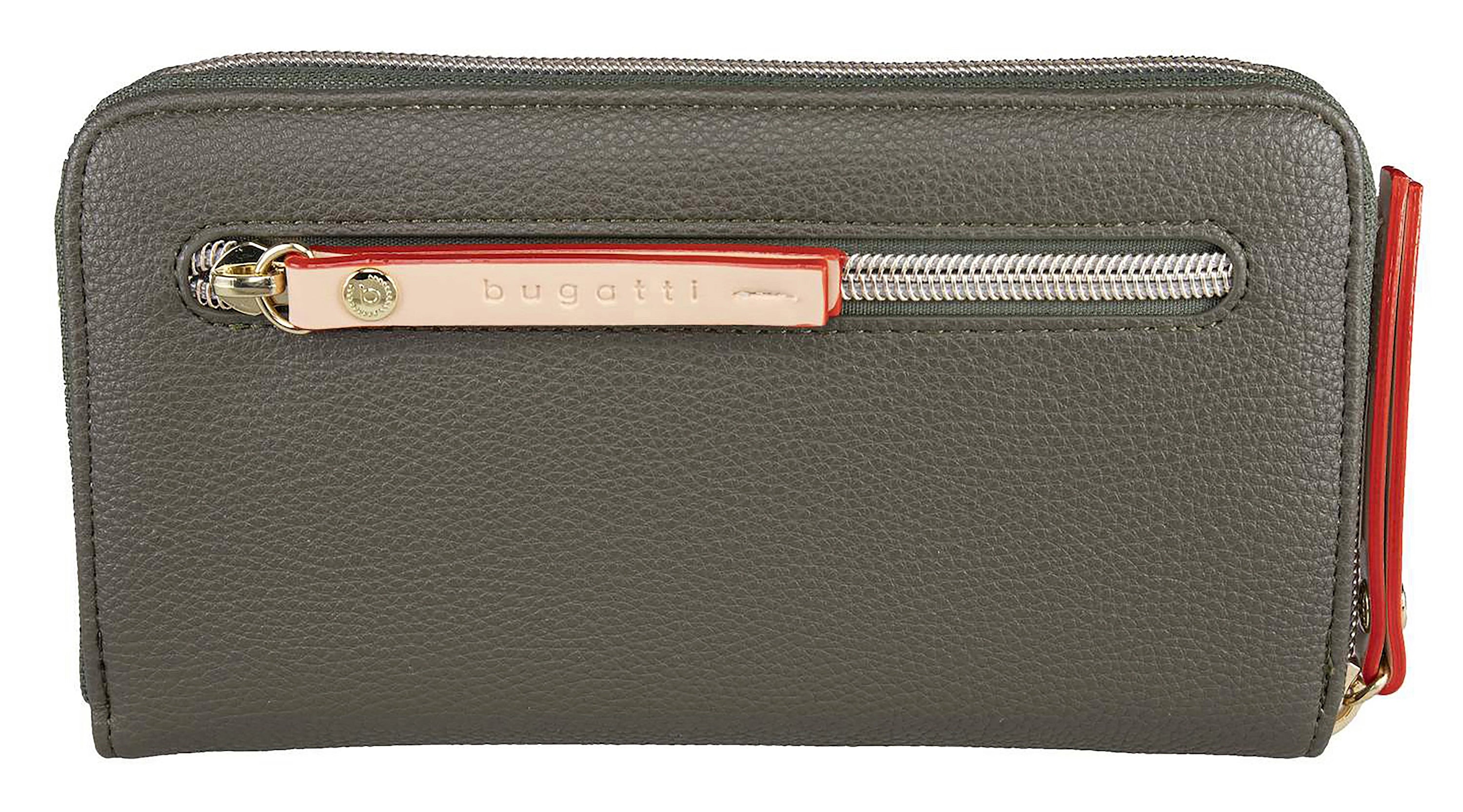 bugatti graue Leder-Geldbörse mit roten Details und Reißverschluss, elegantes Design.