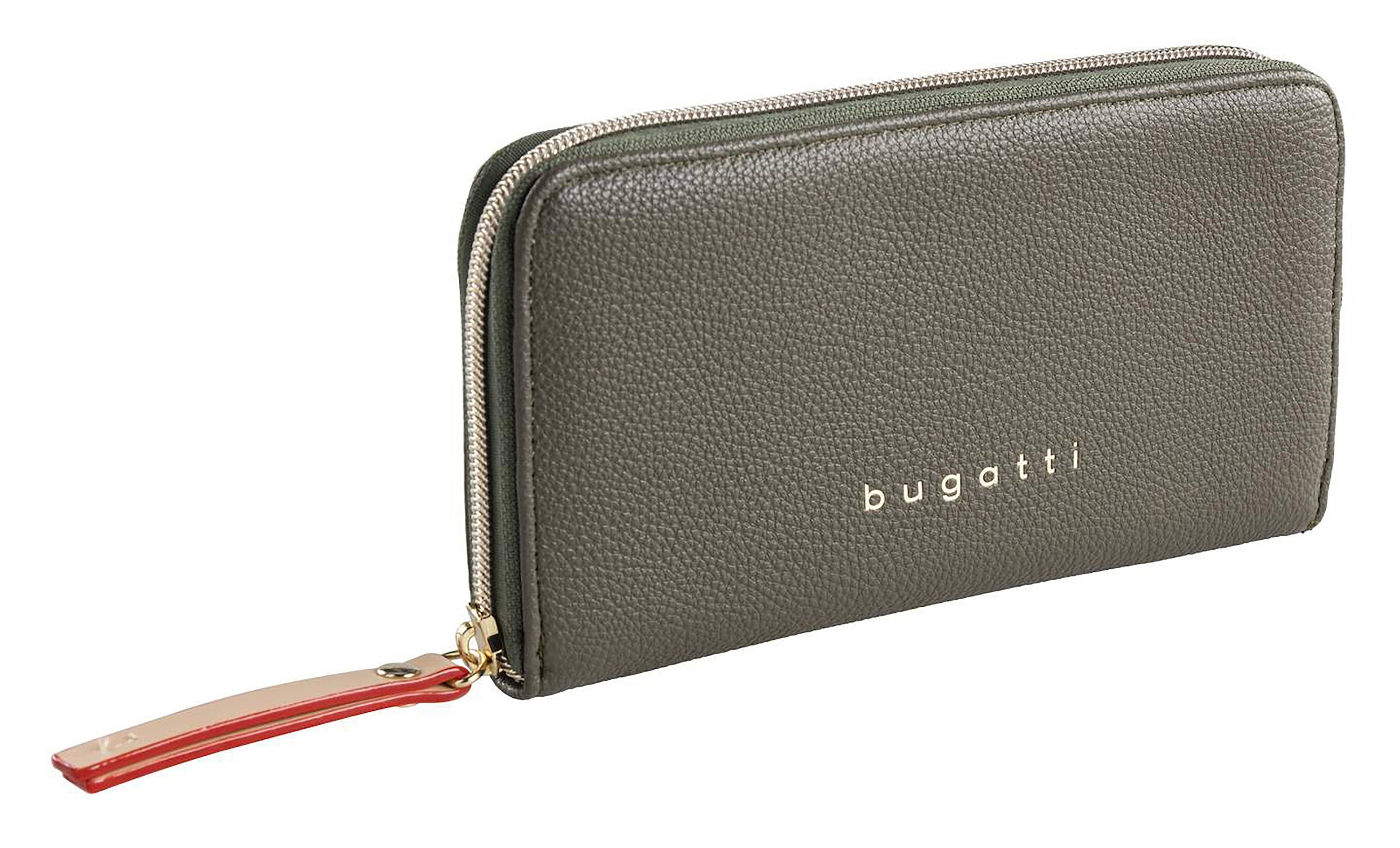 "bugatti" Geldbörse, Leder, Olivgrün, elegantes Design, Reißverschluss, luxuriös und stilvoll.