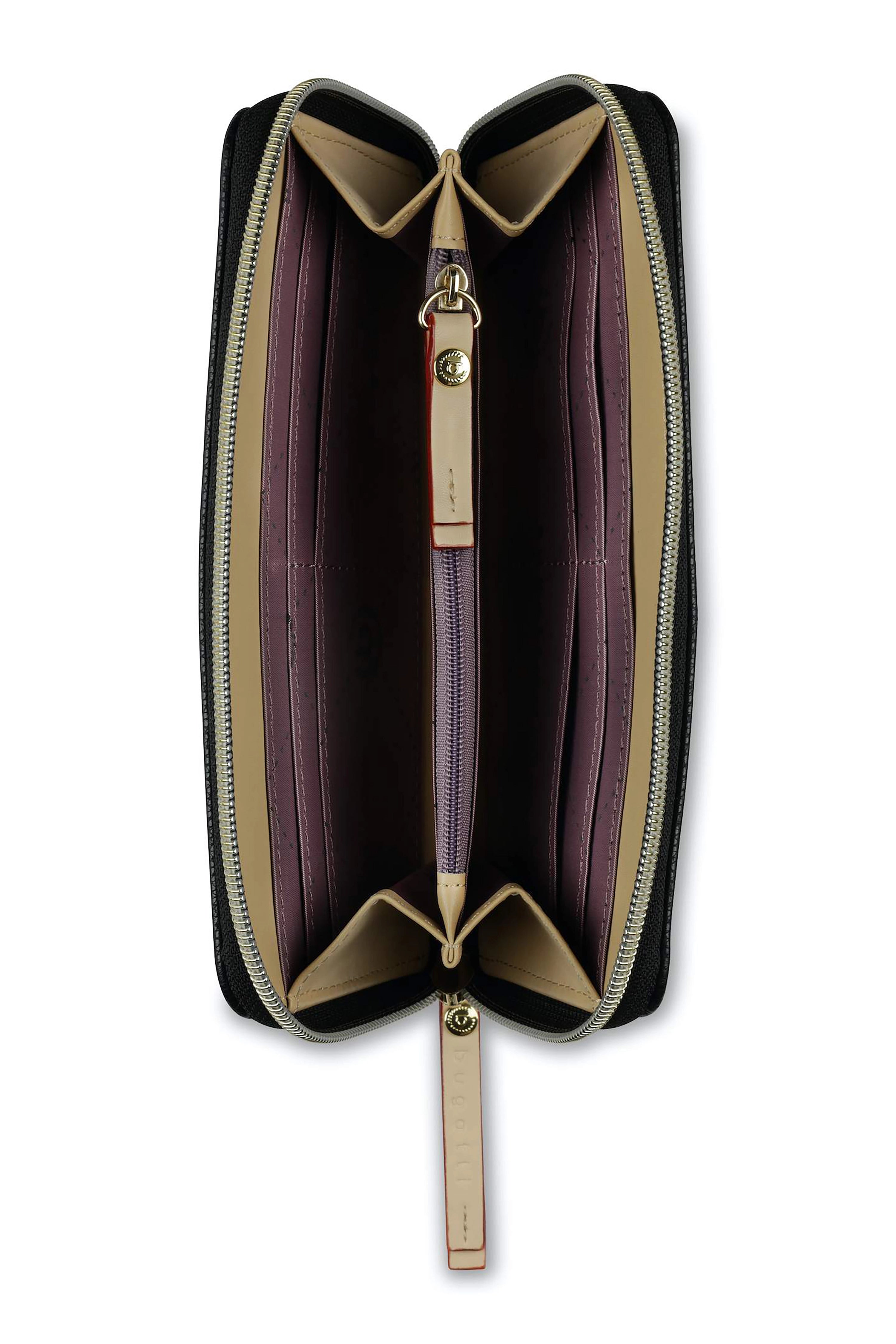 bugatti portemonnee, geopend, toont beige en paarse binnenvakken, ritssluiting en logo-opdruk.