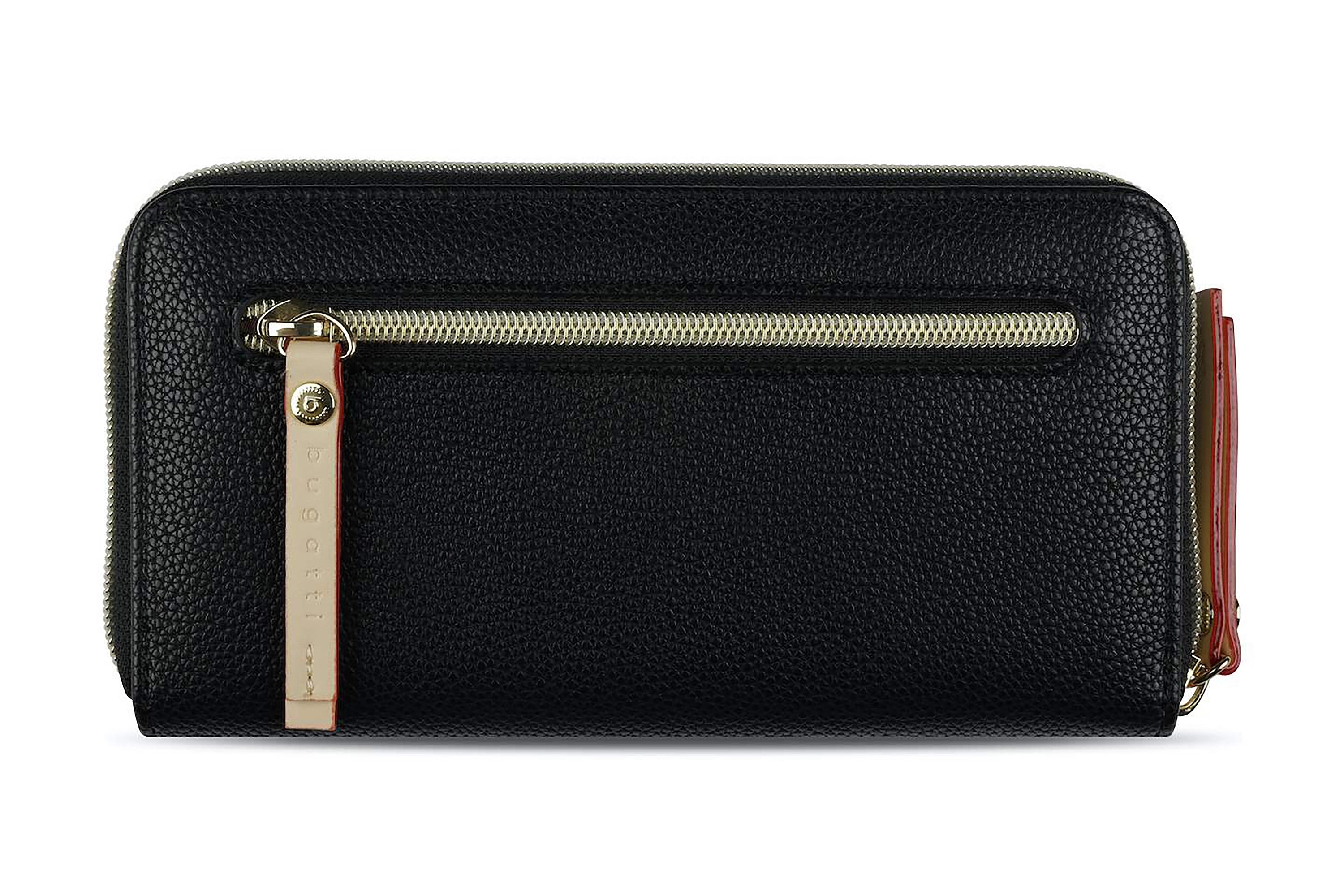 Zwarte bugatti portemonnee met goudkleurige rits en reliëf, busteweergave.