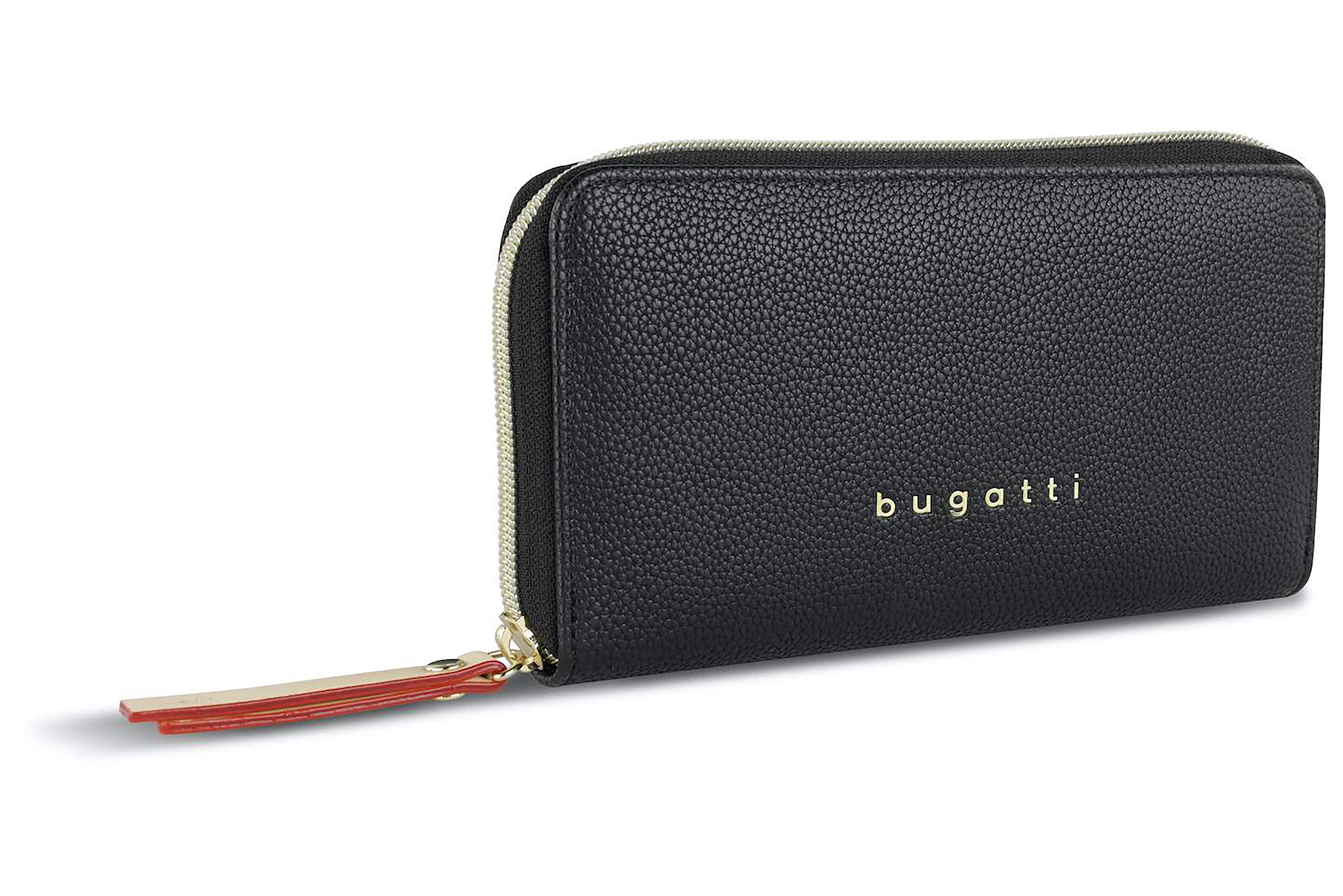 Zwart bugatti portemonnee, lederlook, gouden rits, elegant ontwerp.