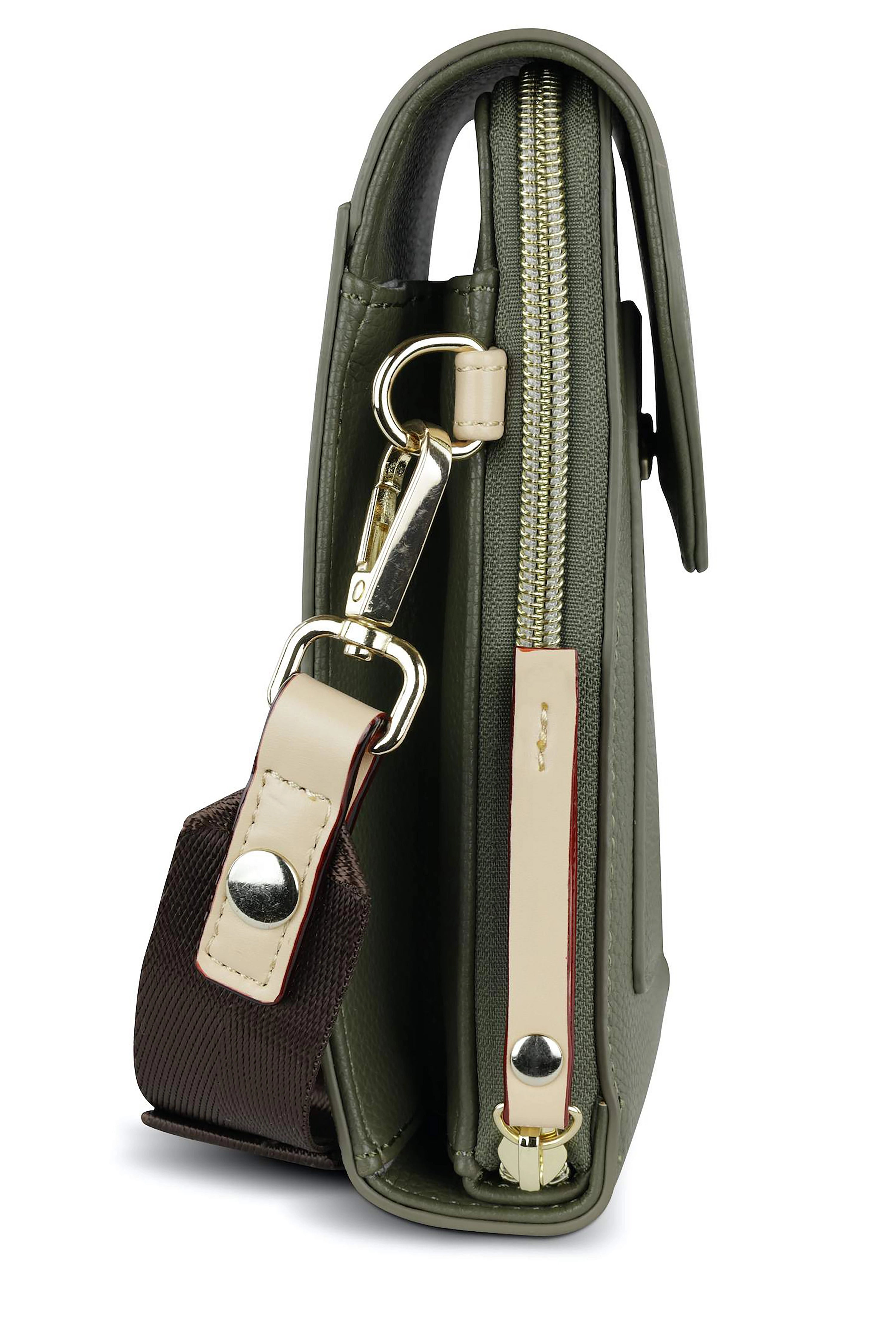 Kleine bugatti Umhängetasche in Olivgrün mit goldenen Details, Seitenansicht.