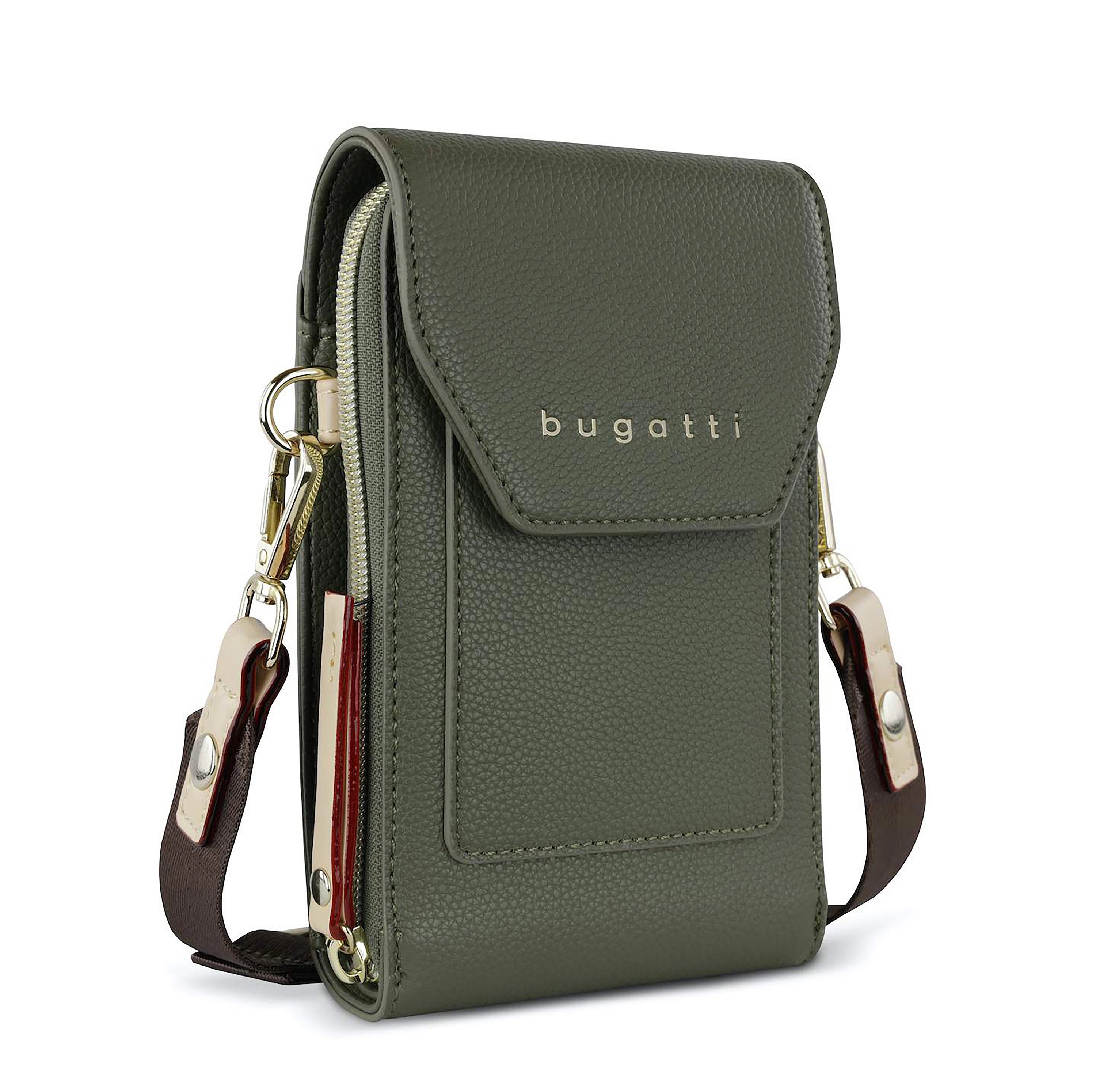 Grüne bugatti Umhängetasche aus Leder mit goldenen Details, elegante Textur, klassisches Design.