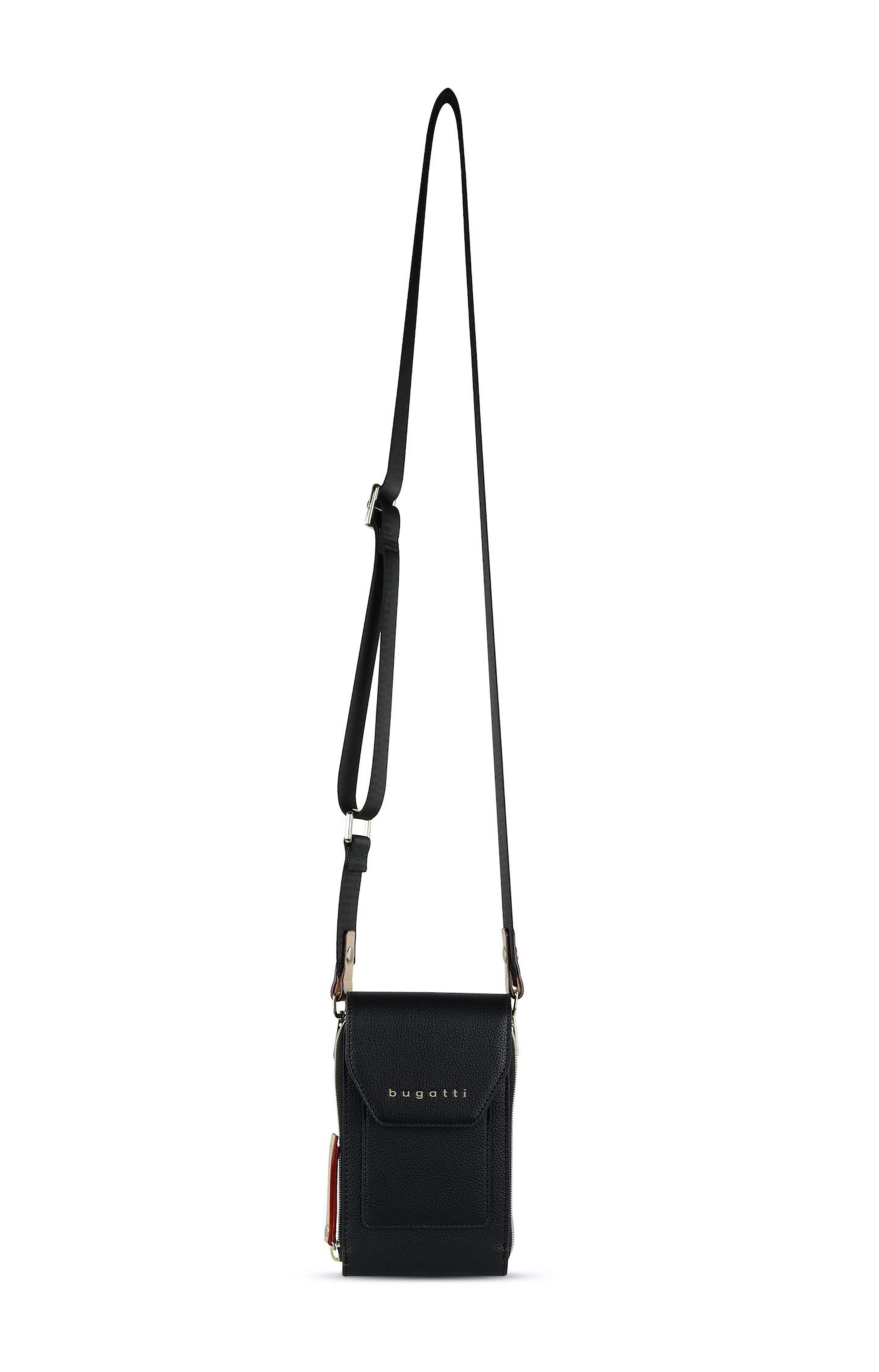 Black bugatti crossbody bag, simple design, elegant gold details, product image.