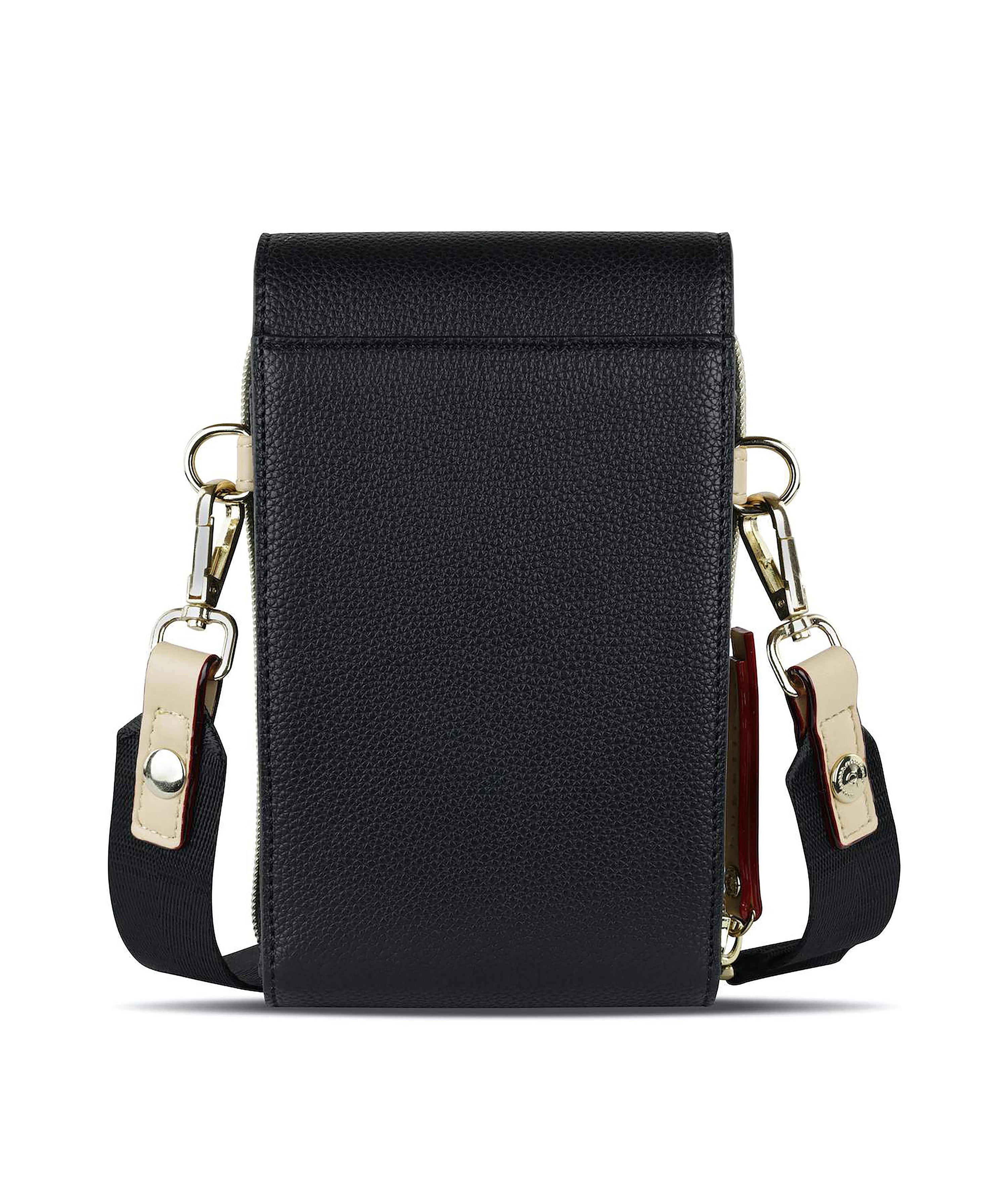 Black bugatti crossbody bag with gold details, elegant design, product image.