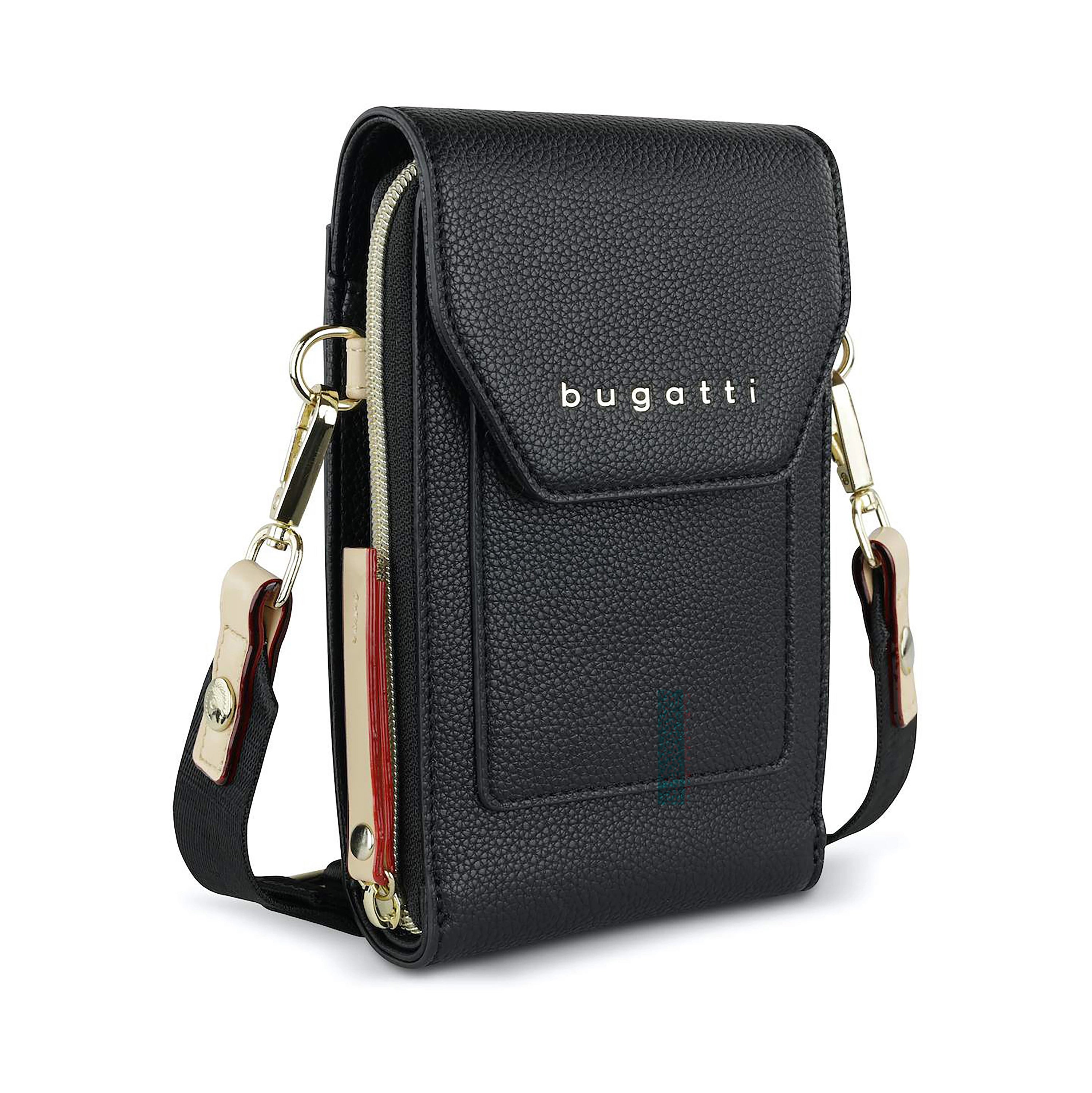 Black bugatti leather crossbody bag with gold details, elegant and timeless.