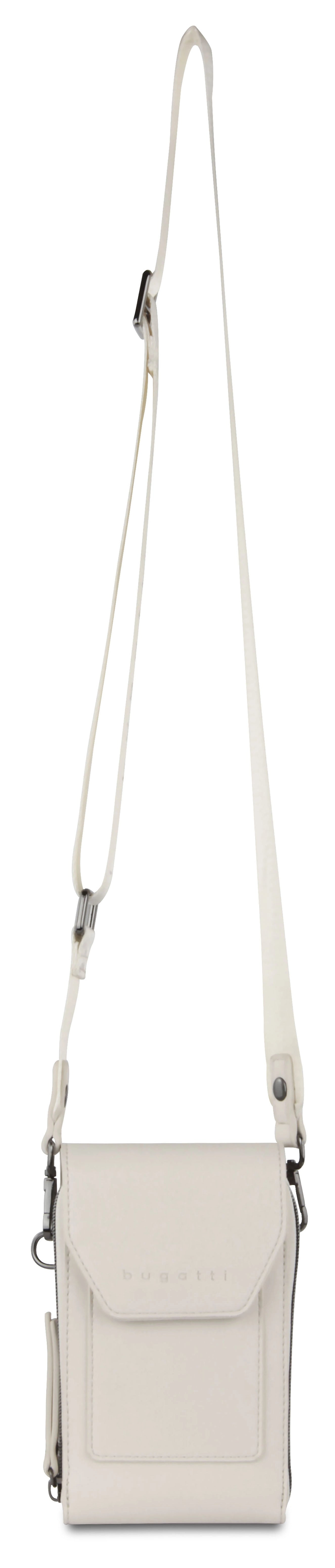 bugatti crossbody bag in cream, minimalist design, bust view.