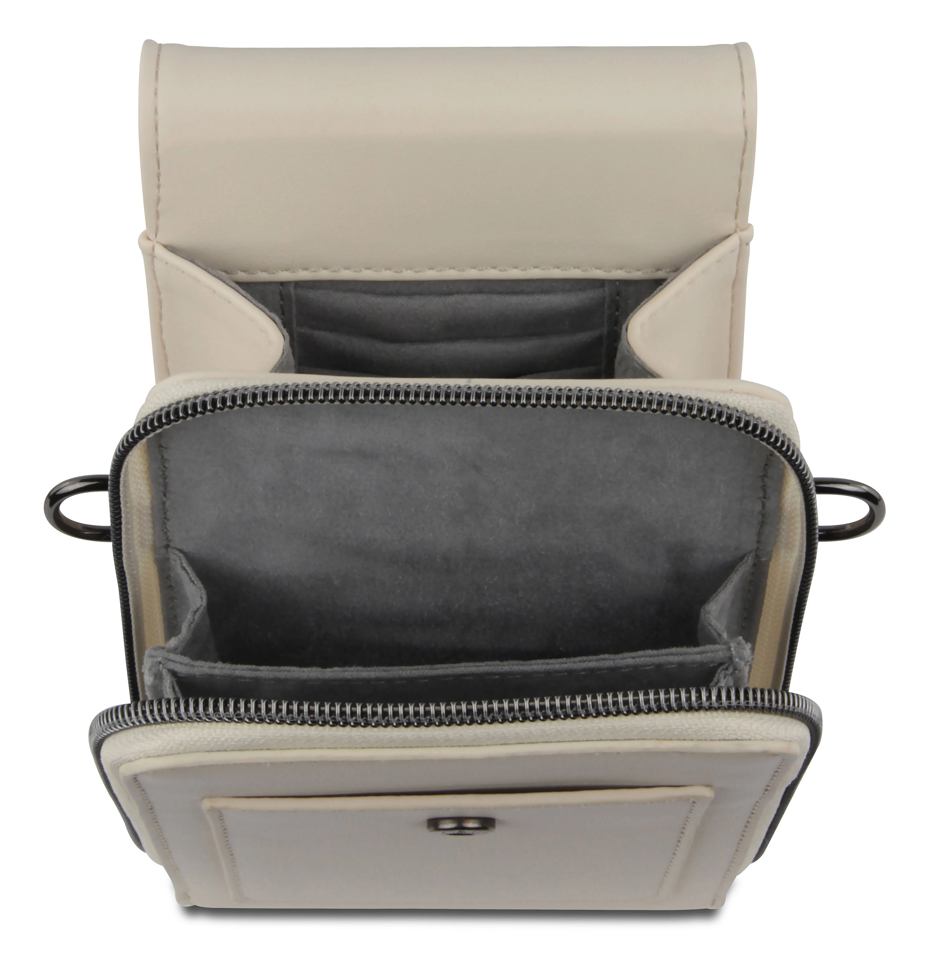 Beige bugatti handbag with zipper, multiple inner compartments, bust view.