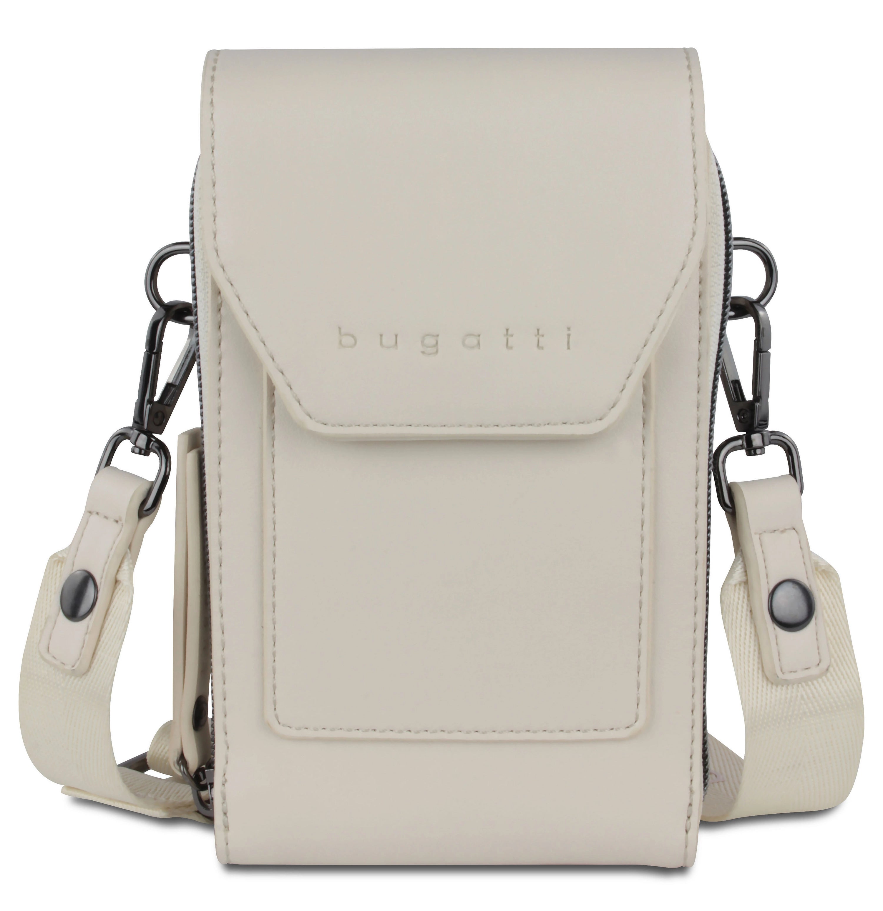 bugatti cream leather crossbody bag, bust image, minimalist design.
