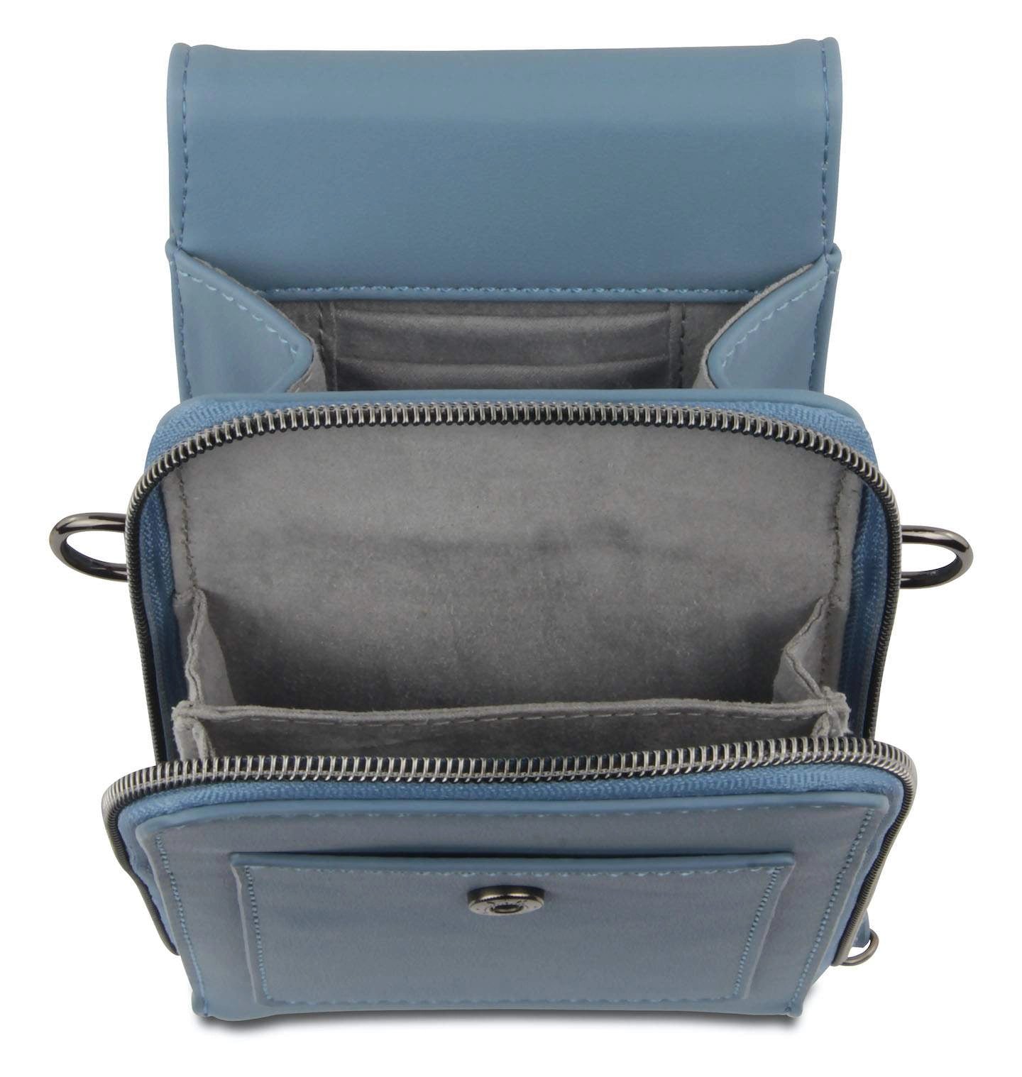 Blaue bugatti Tasche mit Reißverschluss, Innenansicht, schlichtes Design, hochwertiges Material.