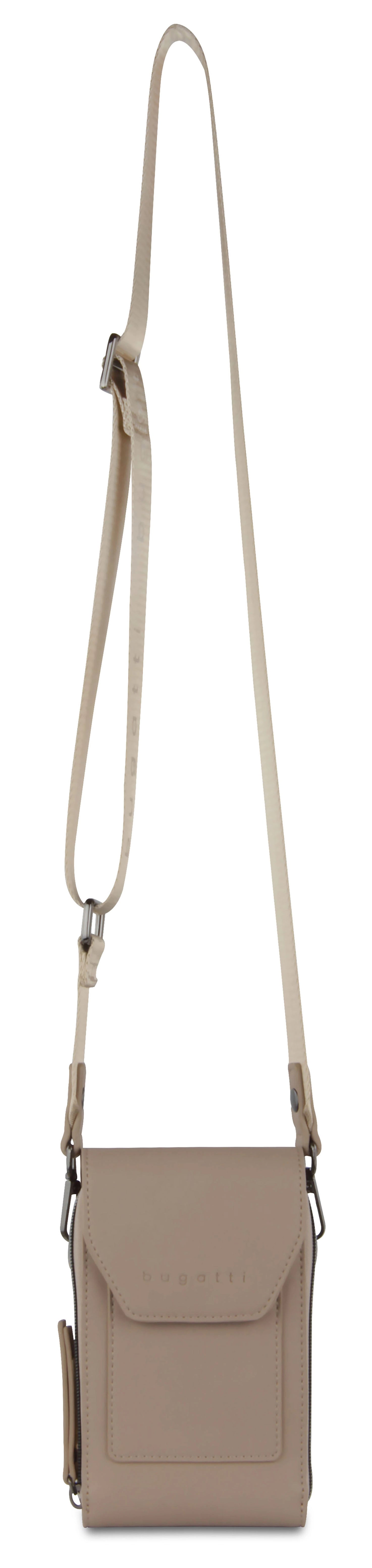 Beige bugatti crossbody bag, minimalist design, high-quality materials, bust view.