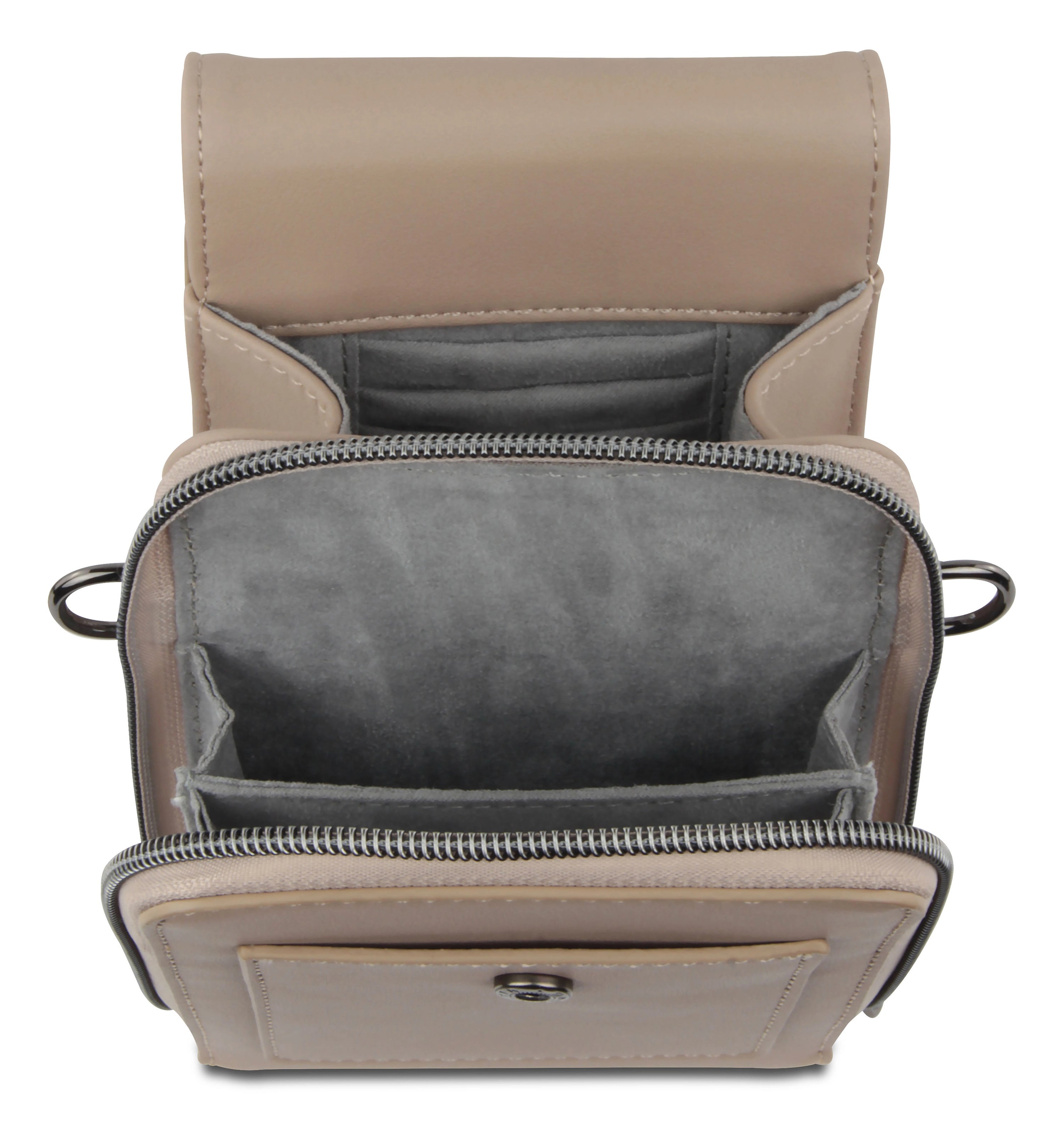 Beige bugatti bag, bust view, with gray lining and multiple compartments.