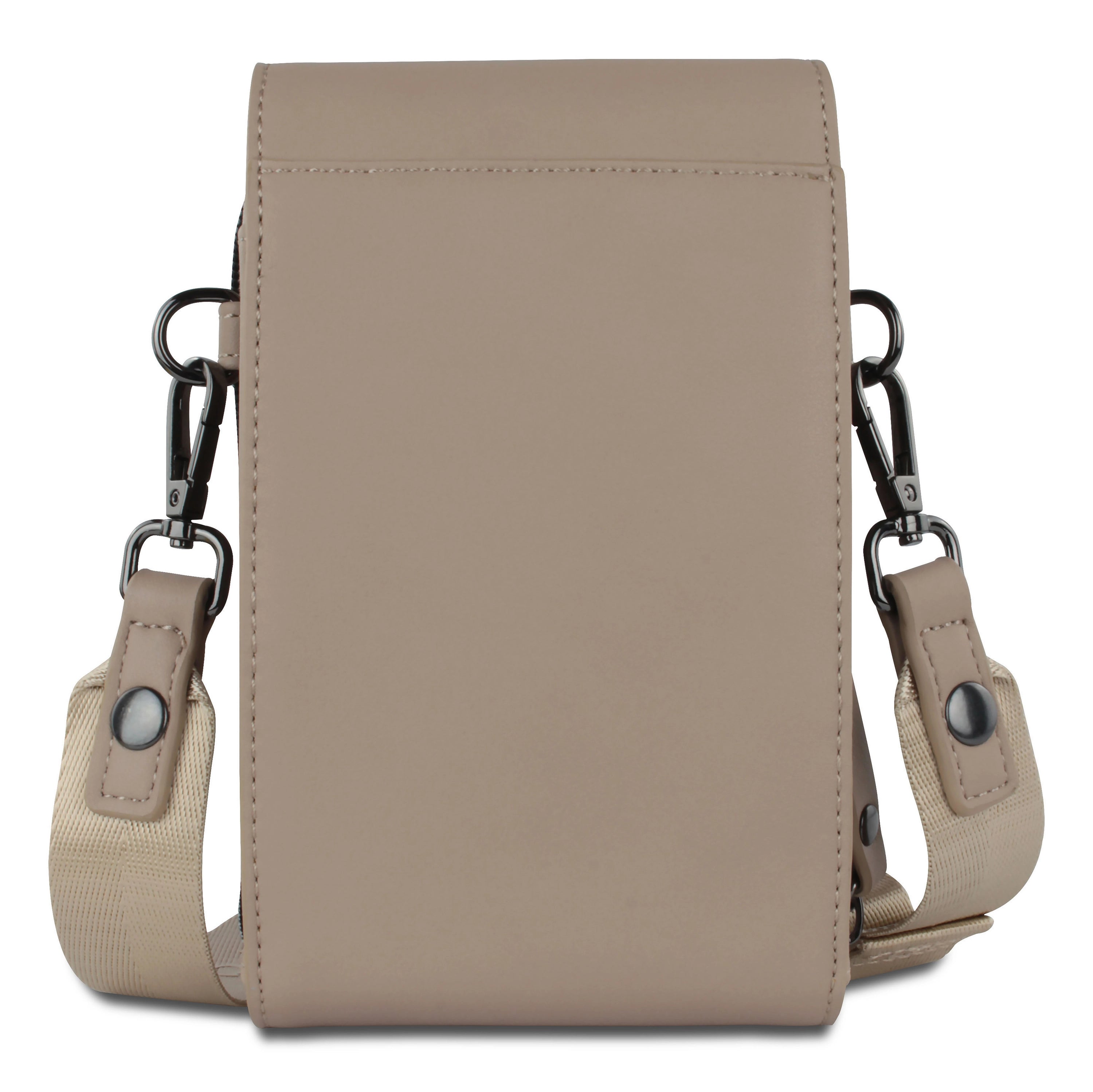 Beige bugatti schoudertas met verstelbare riem en metalen haak, eenvoudig design, busteweergave.