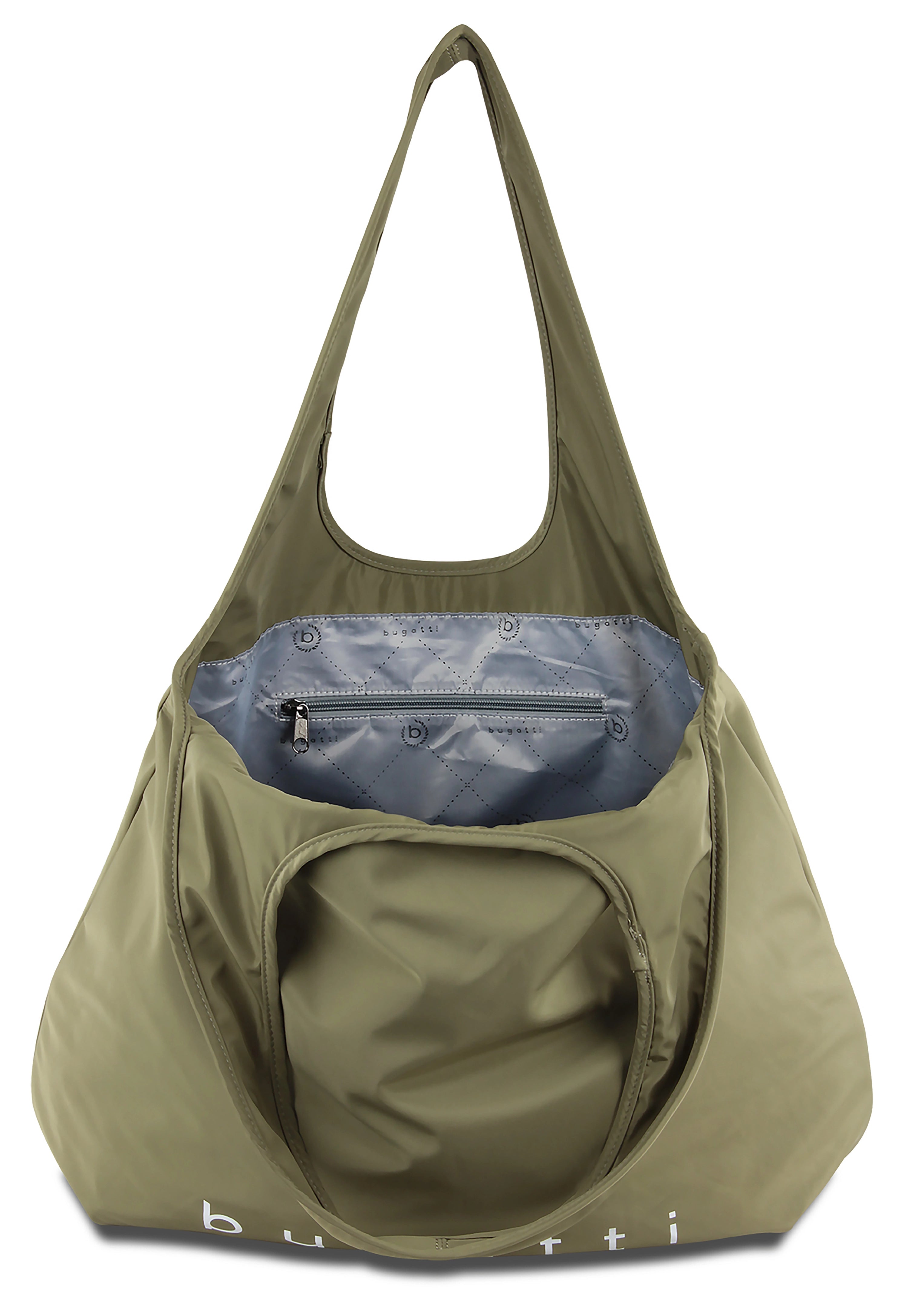 bugatti Olivgrüne Tasche, minimalistisches Design, geräumige Fächer, hochwertige Verarbeitung, legeres Bild.
