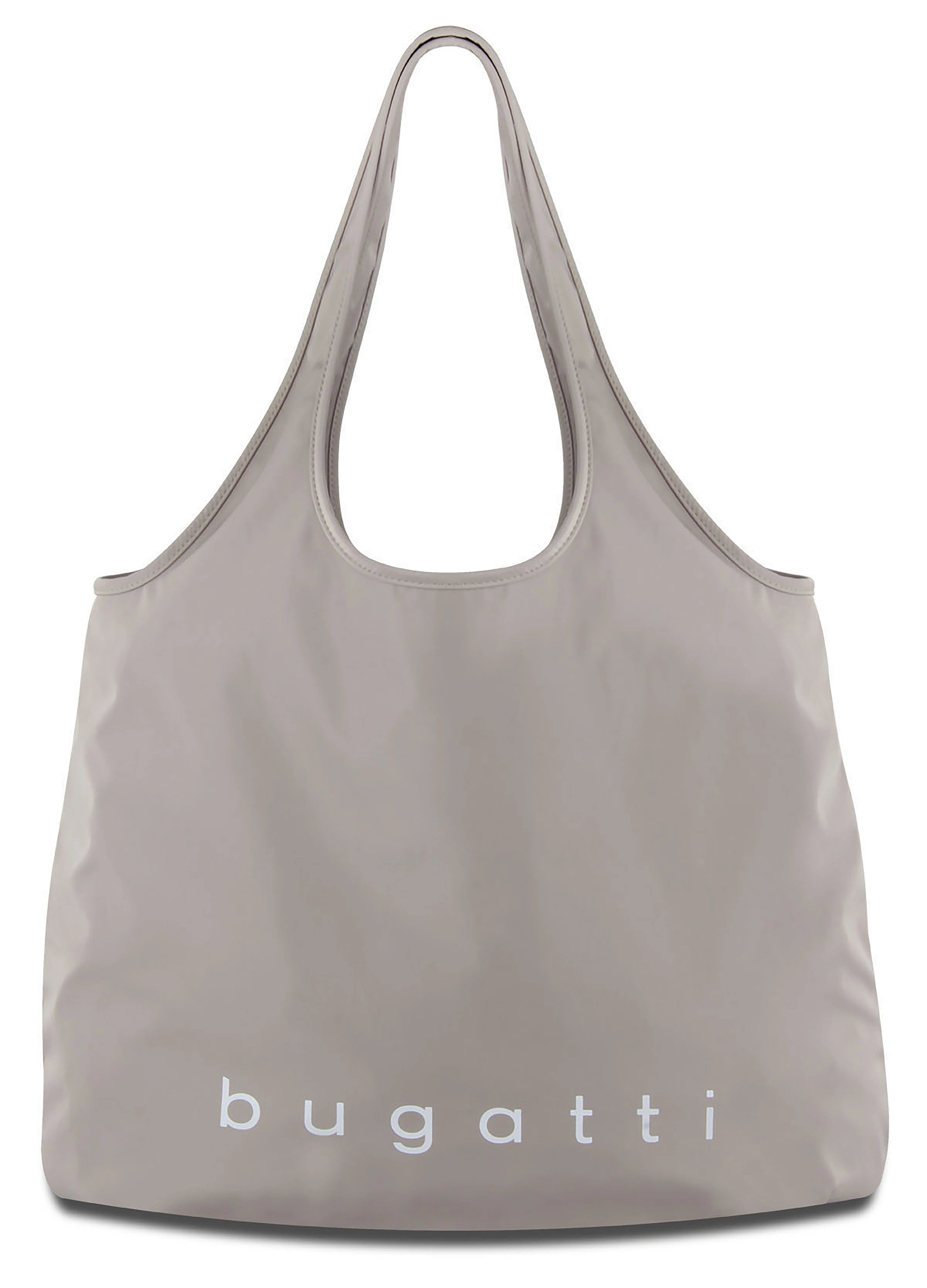 Graue bugatti Tasche, minimalistisches Design, Büstenbild.