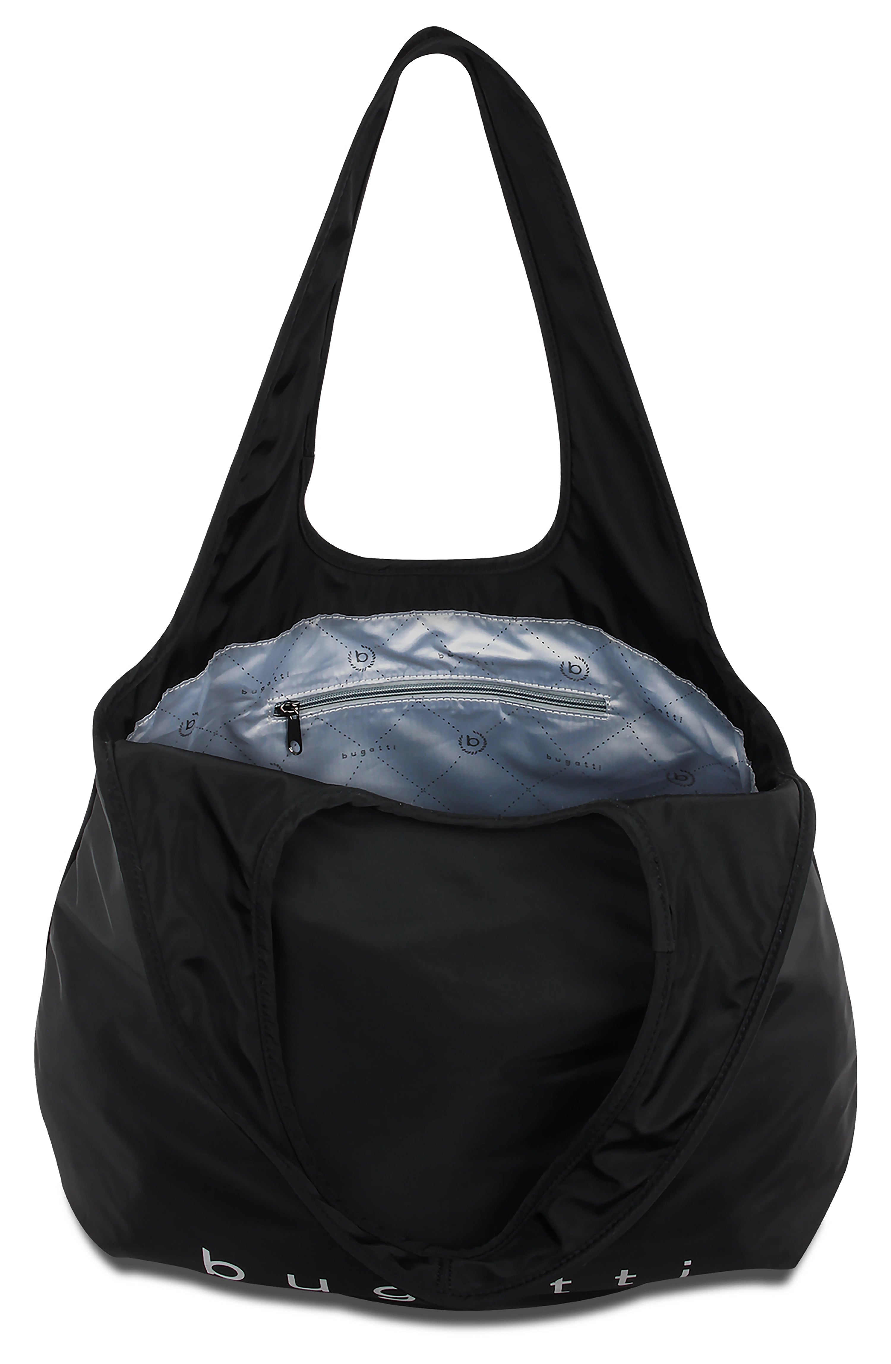 Schwarze bugatti Tasche, legeres Design mit Innenfutter und Reißverschluss, Büstenbild.