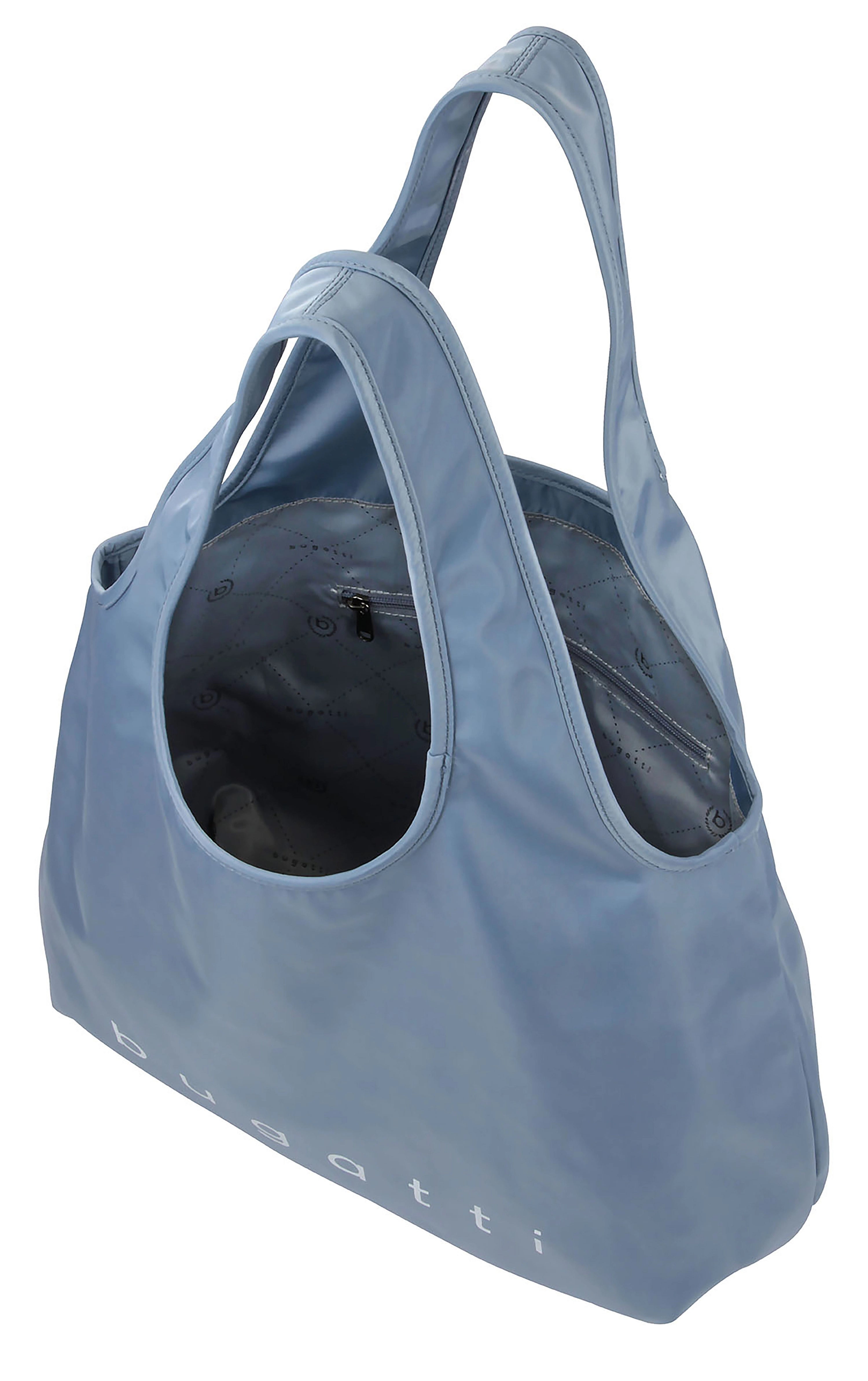 Blaue bugatti Tasche in schlichtem Design mit Logo, Büstenbild.