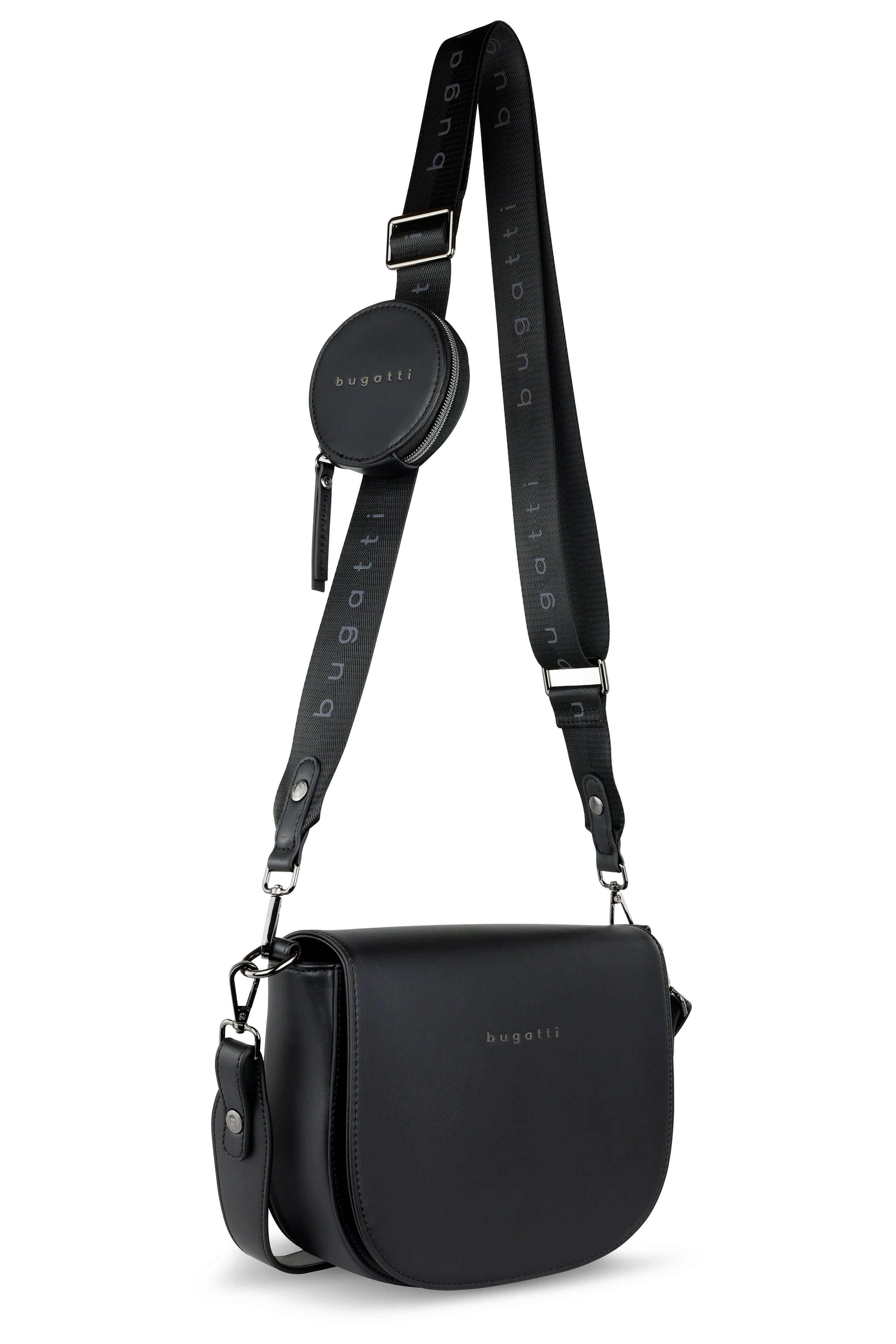 Black bugatti bag with logo strap and round pouch, elegant design.