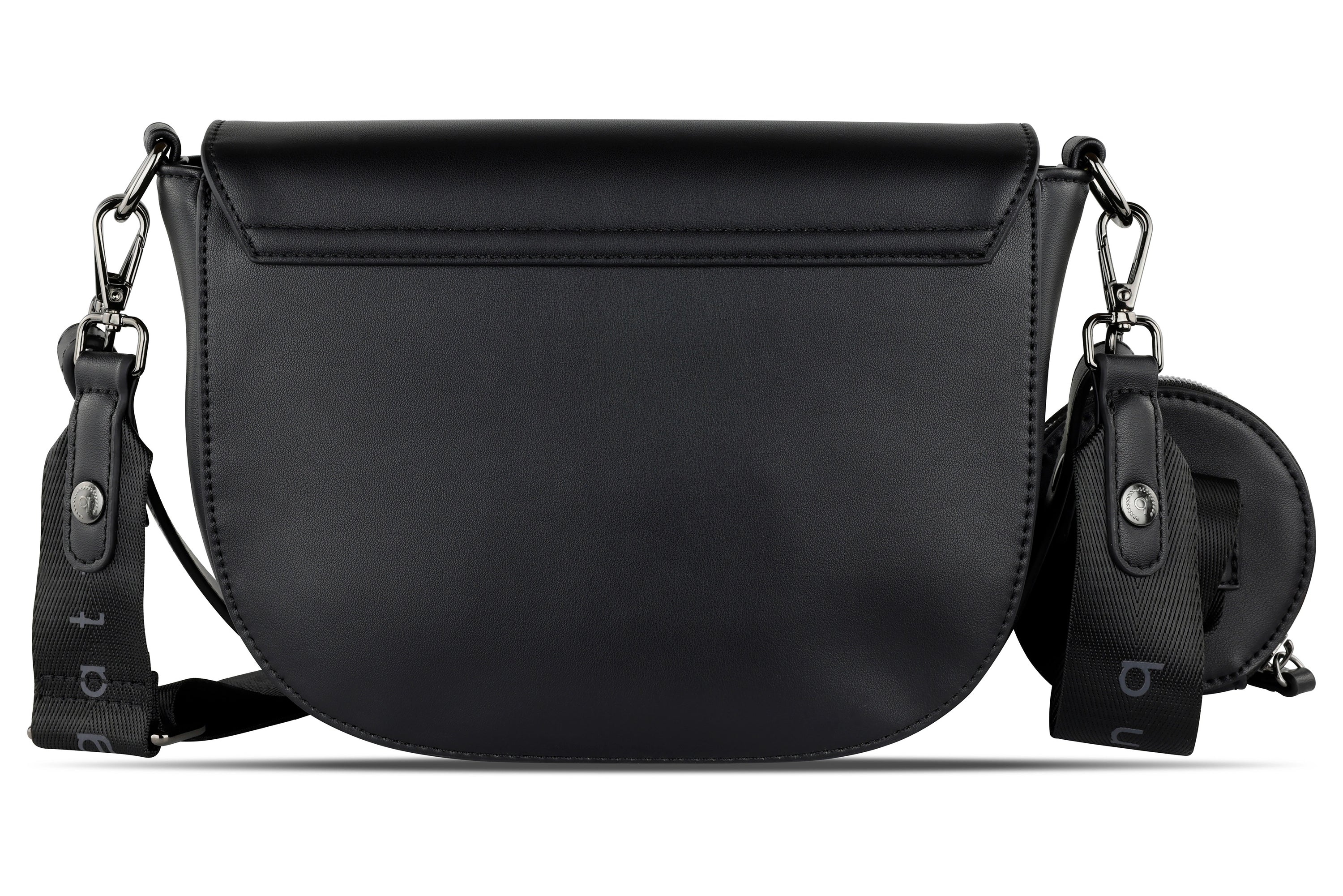 Black bugatti leather crossbody bag with detachable strap, detailed view.