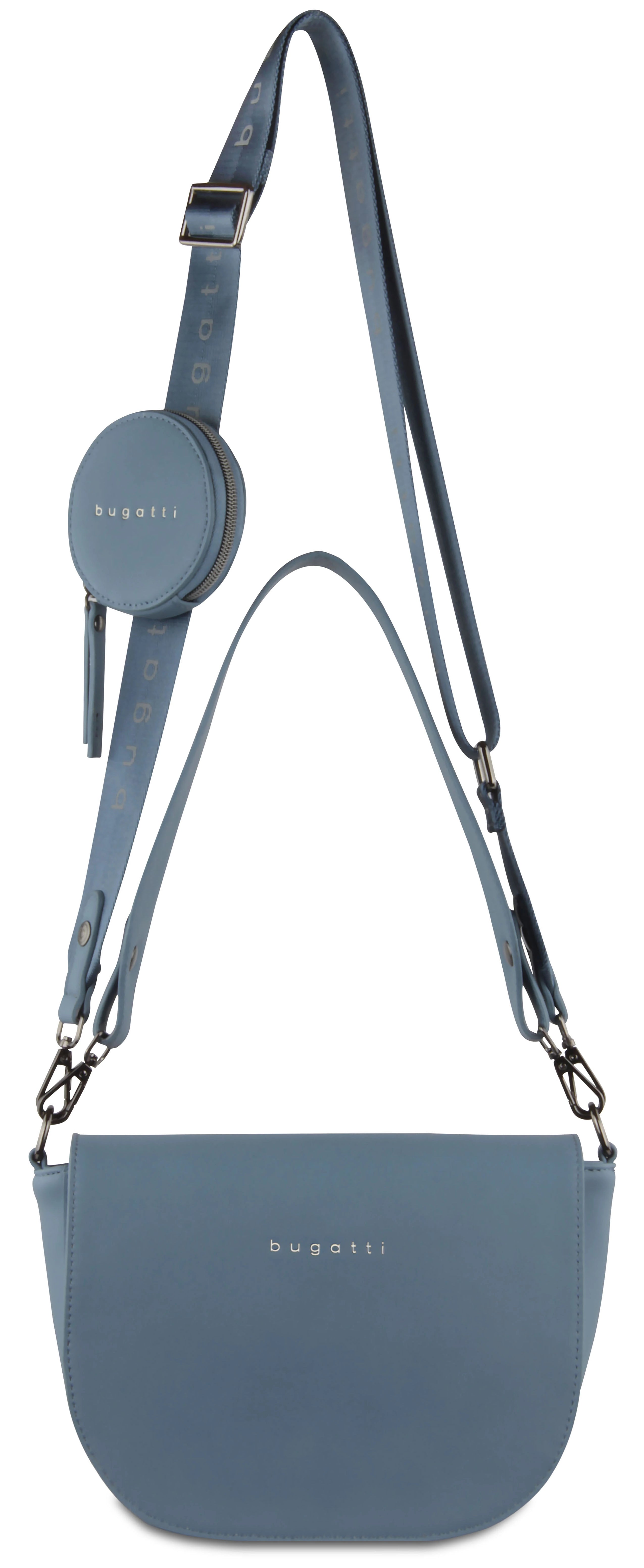 bugatti blaue Tasche mit Logo, abnehmbarer Riemen, lässiger Stil, Büstenbild.