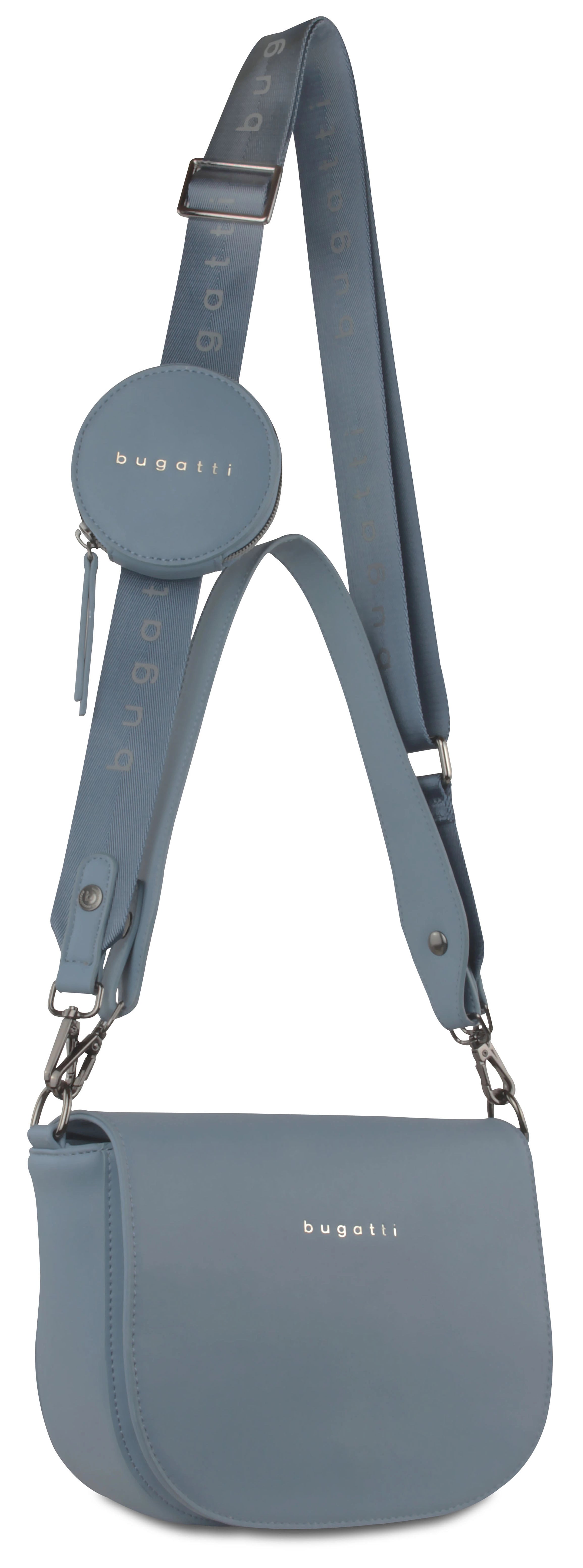 bugatti Umhängetasche in Blau mit verstellbarem Riemen und kleinem Rundtäschchen, legeres Büstenbild.