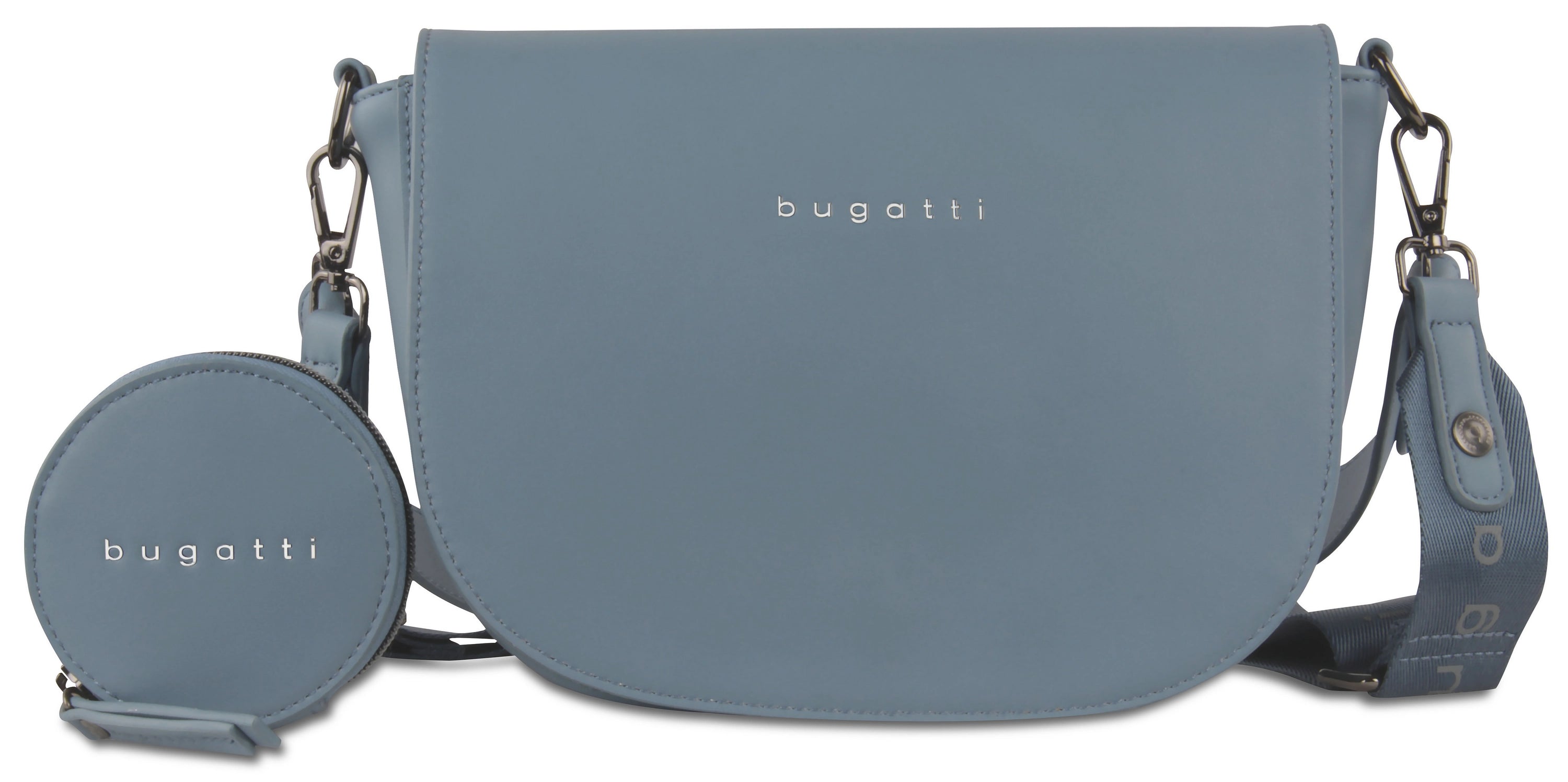 Blaue bugatti Umhängetasche mit passendem Rundetui, Markenlogo vorn, leger präsentiert.