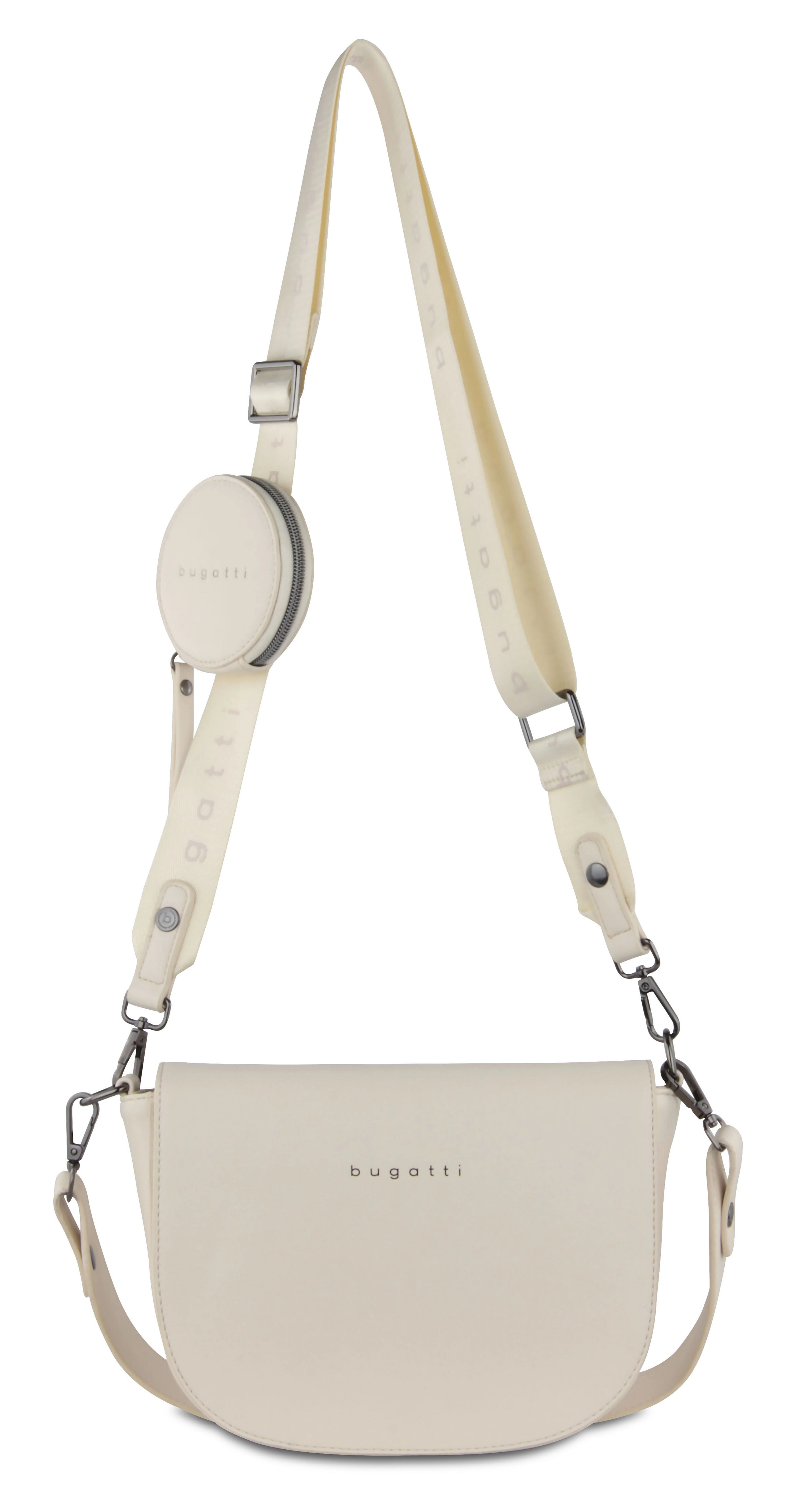 Beige bugatti crossbody bag with logo print, elegant design, no model.