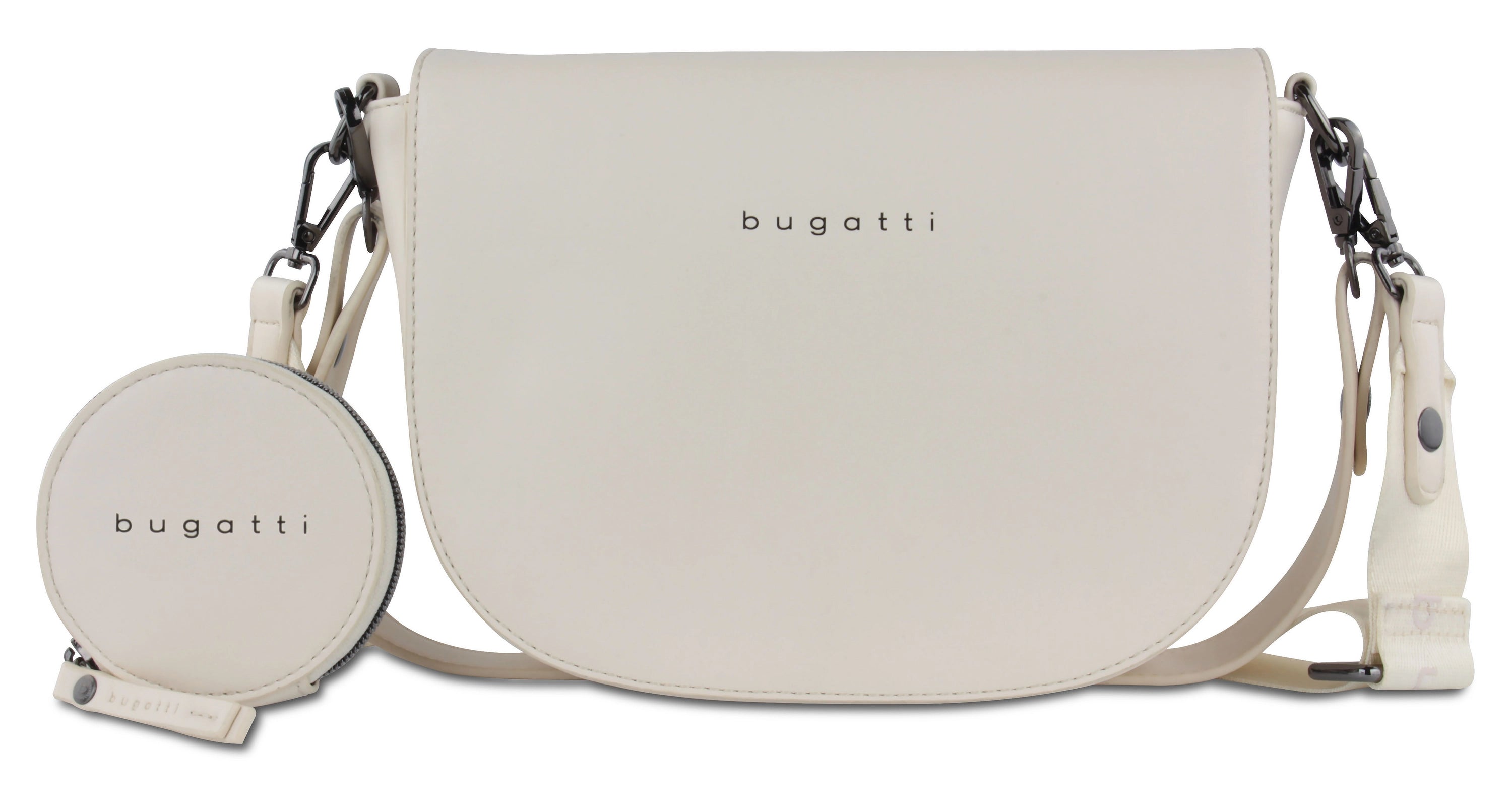 bugatti cream crossbody bag with round mini case, simple design.