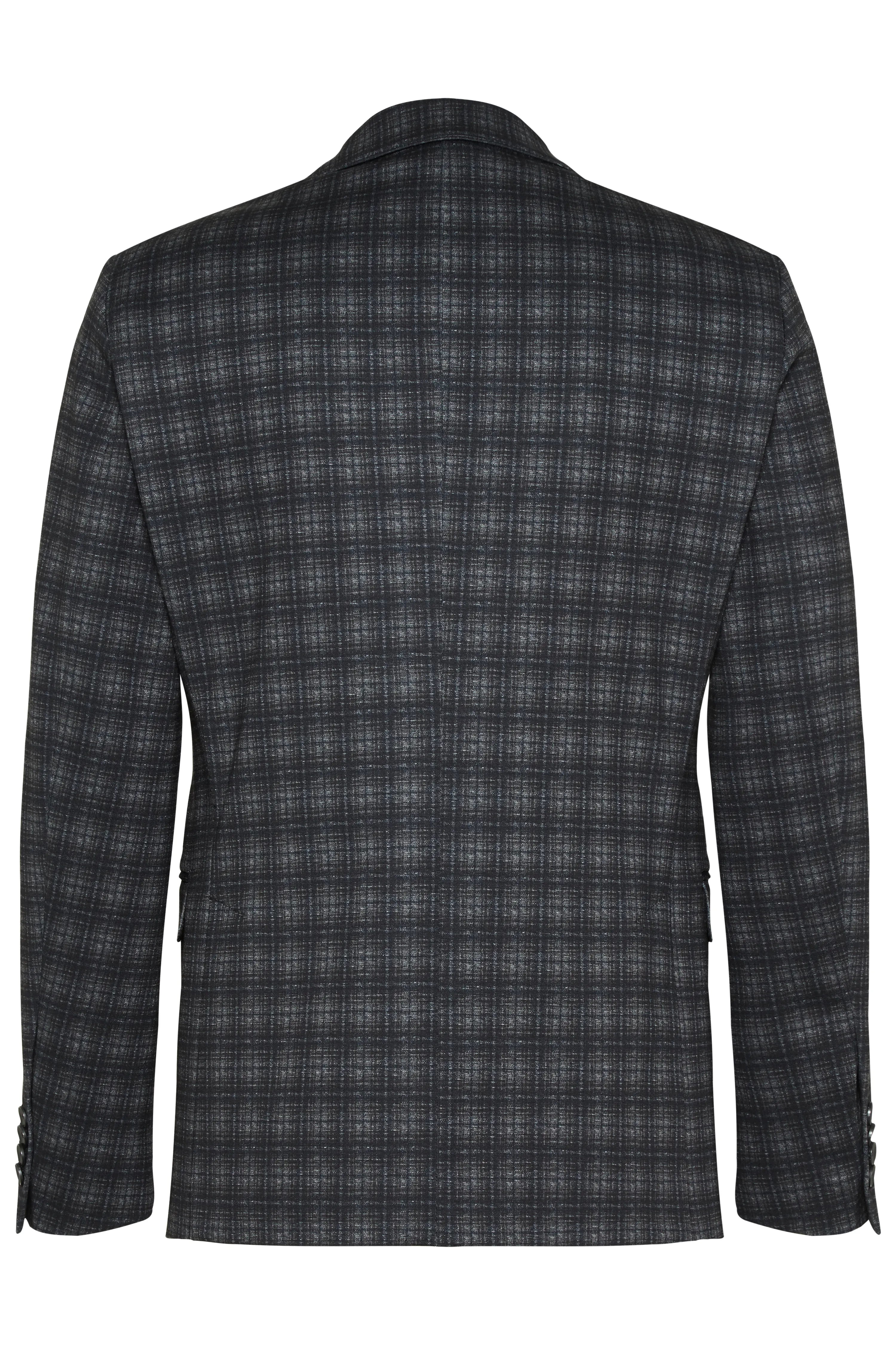 Rear view of a grey checkered bugatti blazer. Bust image without model.