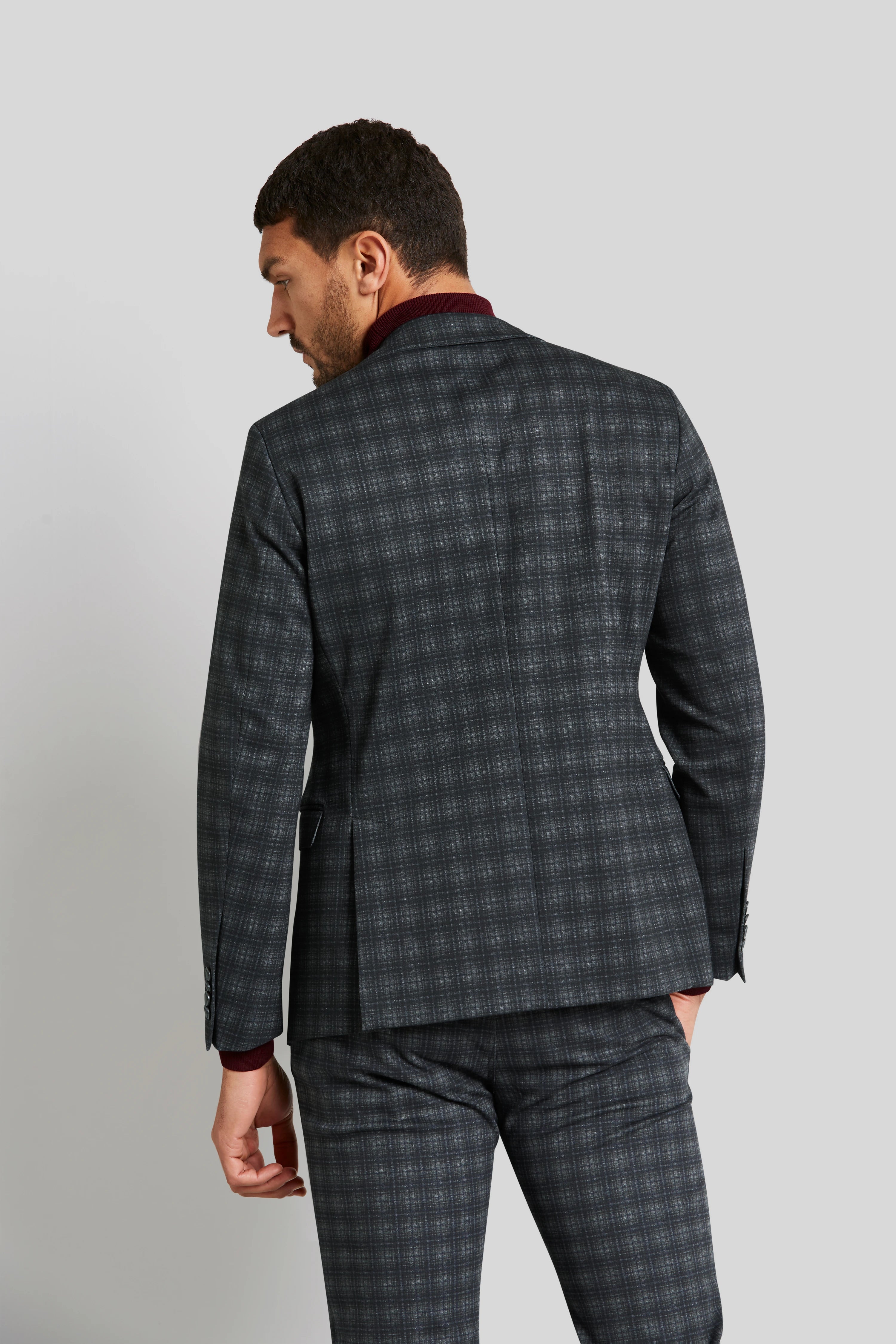 Gray checked bugatti men's suit set, back view, casual model pose.