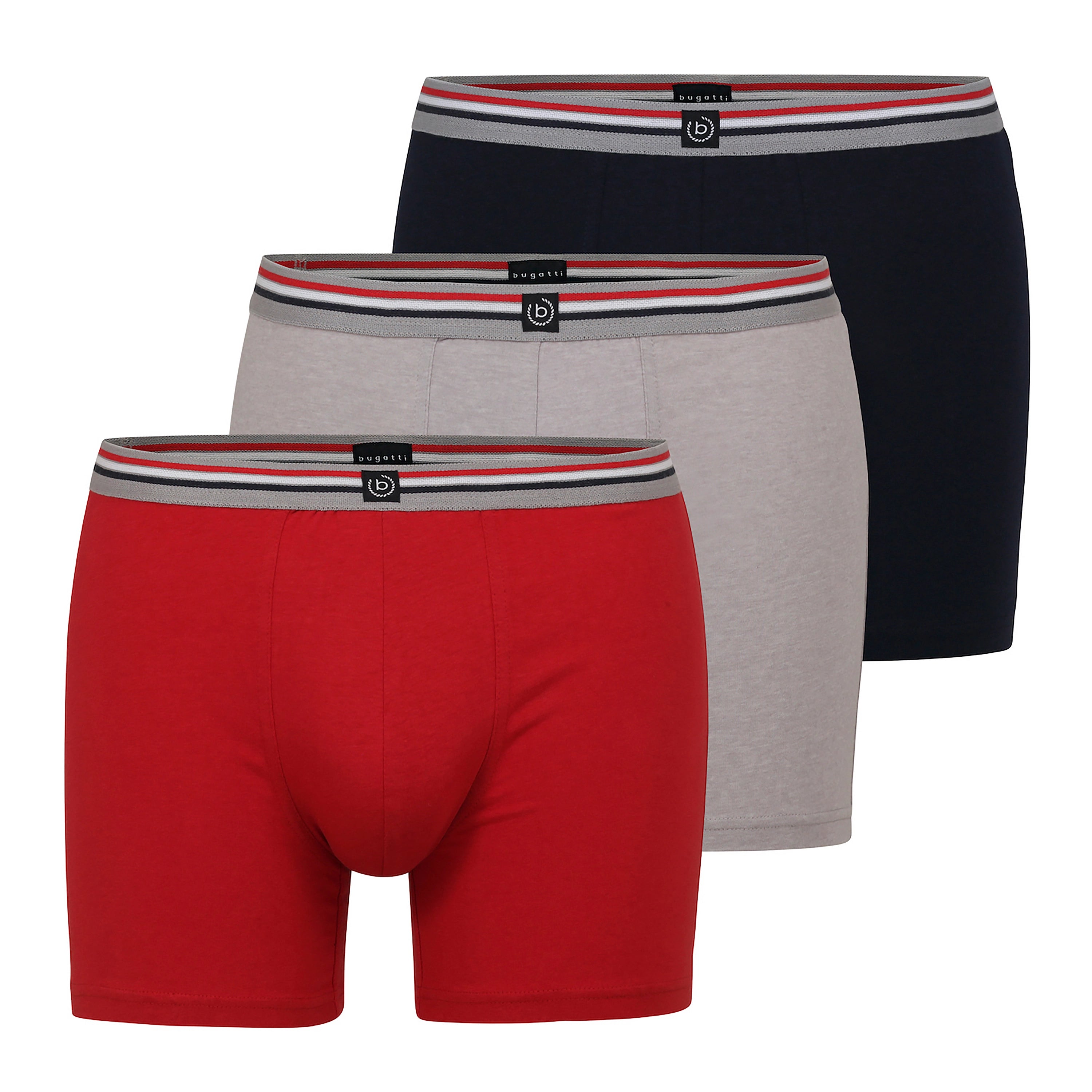 Dreierpack bugatti Boxershorts in Rot, Grau und Blau, Büstenbild.