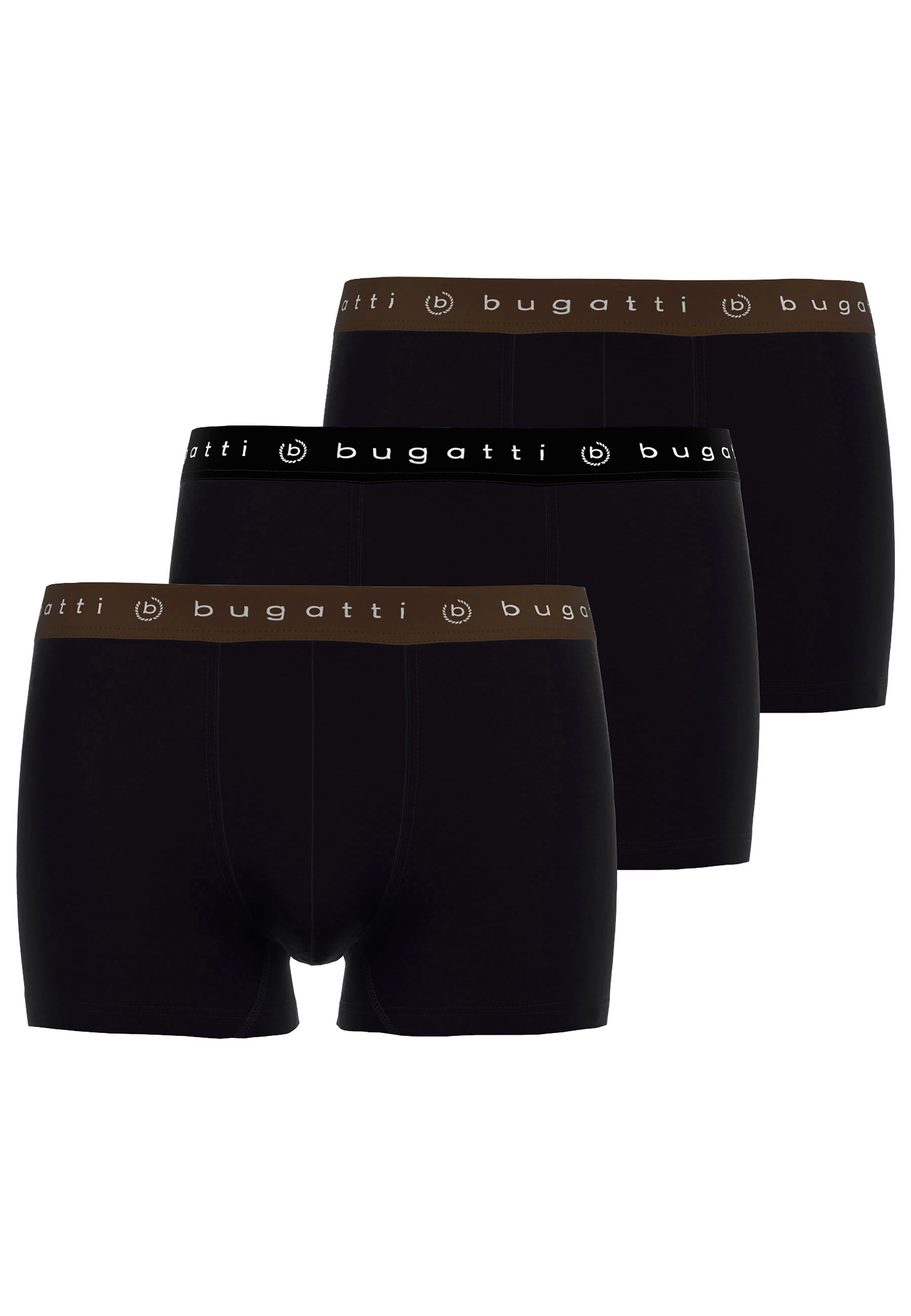 Drei schwarze bugatti Boxershorts mit braunem und schwarzem Bund, Büstenbild.