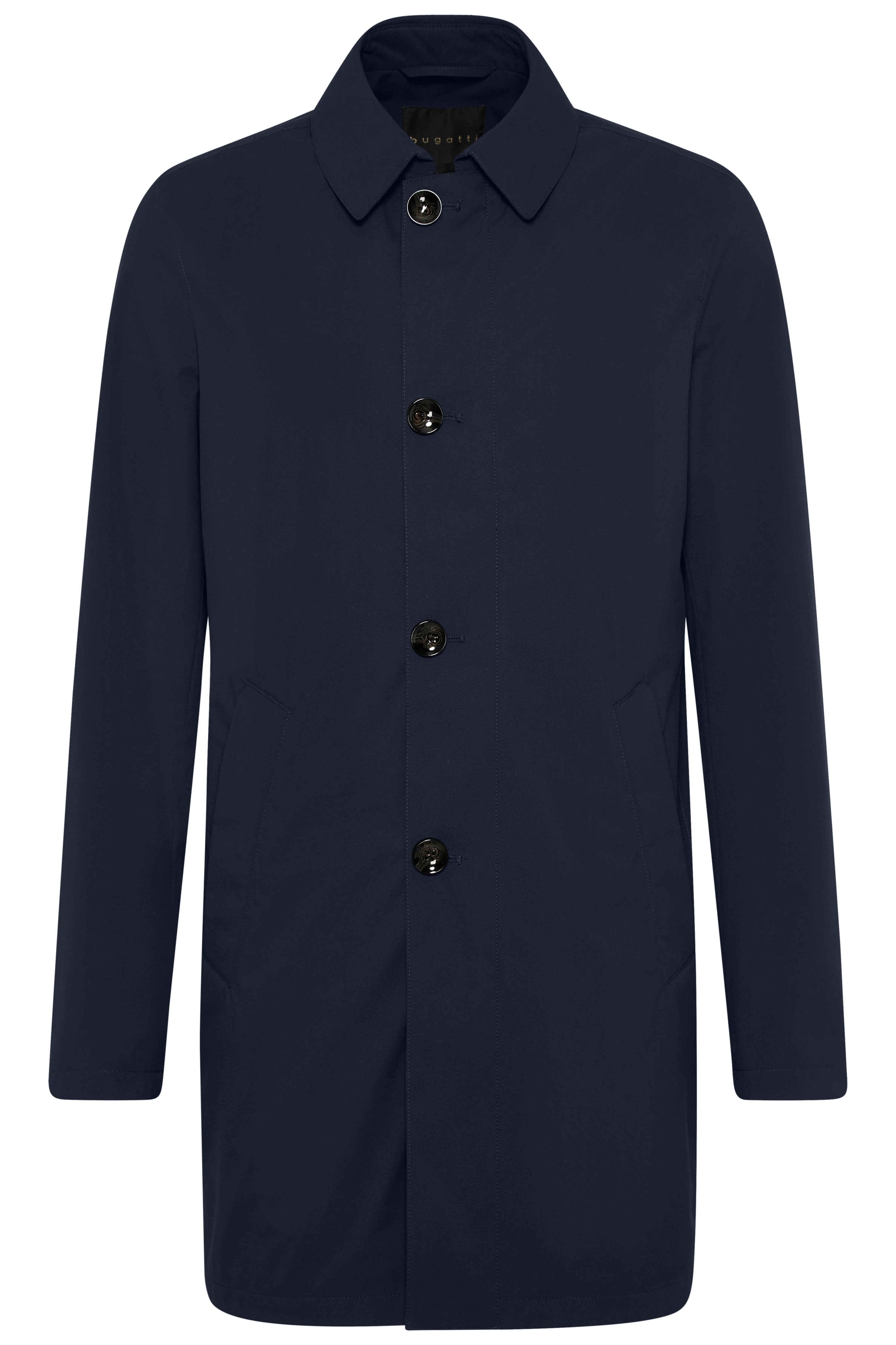 Dark blue bugatti coat, classic cut, bust view, elegant button placket.