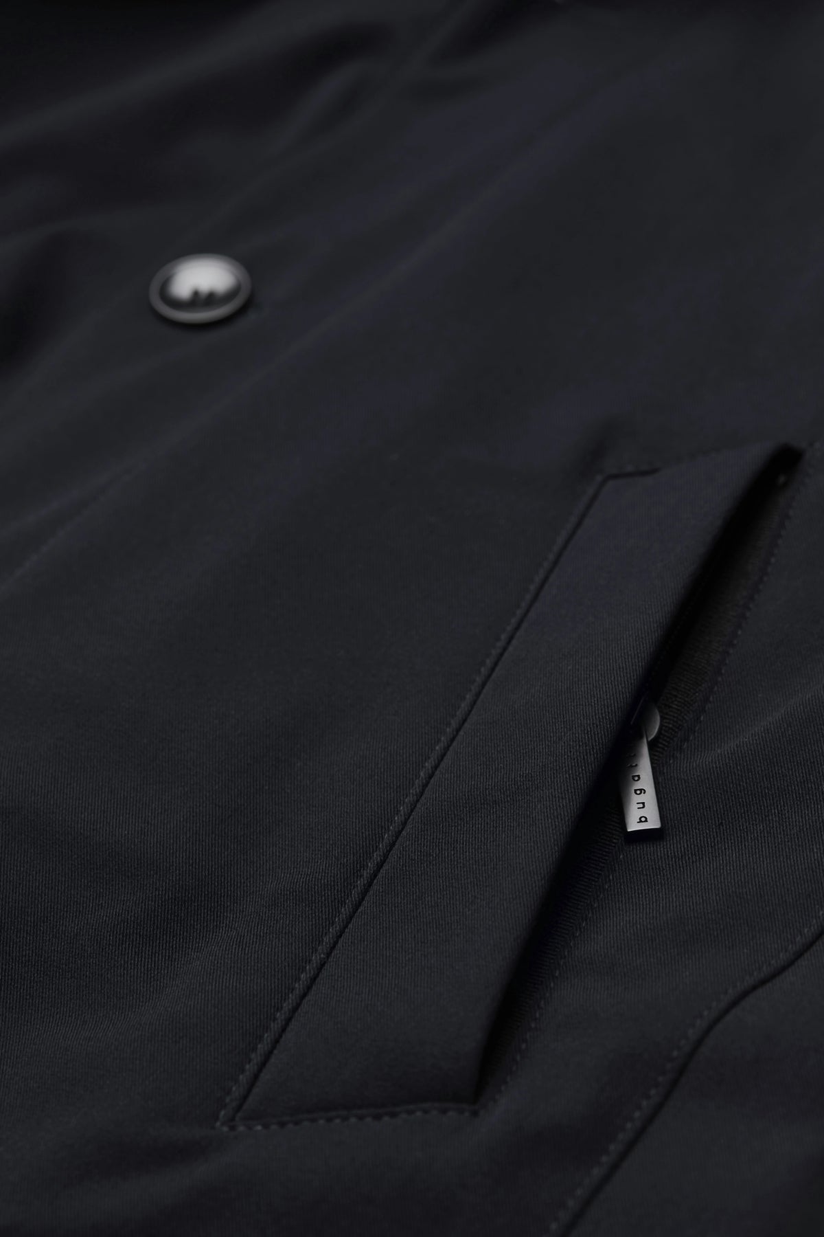 Black bugatti jacket, close-up with button and zipper, high-quality material.