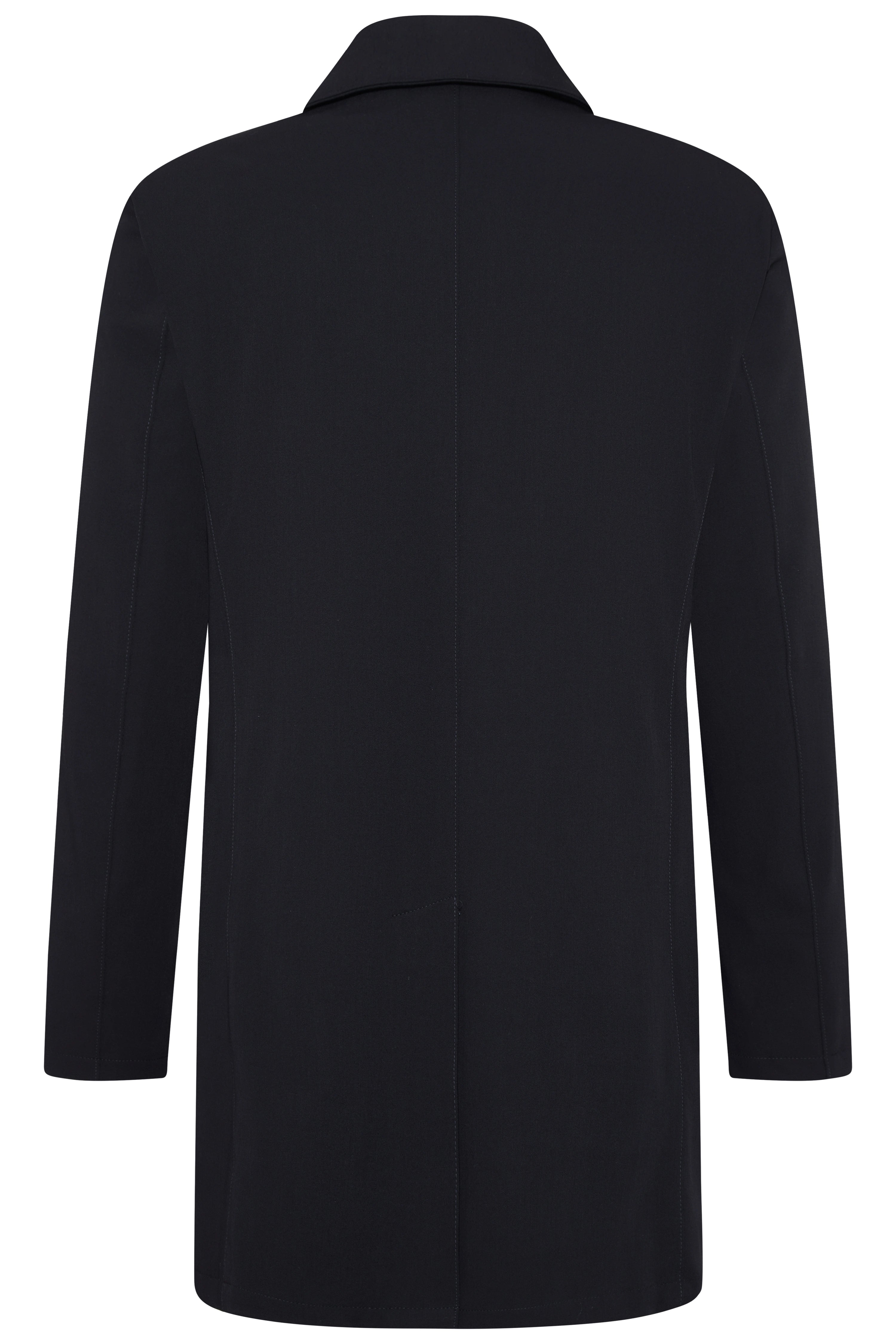 Schwarzer bugatti Mantel, Rückansicht, klassisches Design, ohne Muster, Büstenbild.