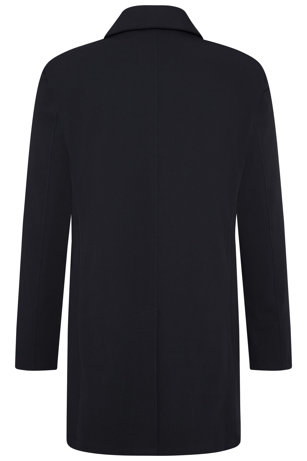 Black bugatti coat, back view, classic design, no pattern, bust image.