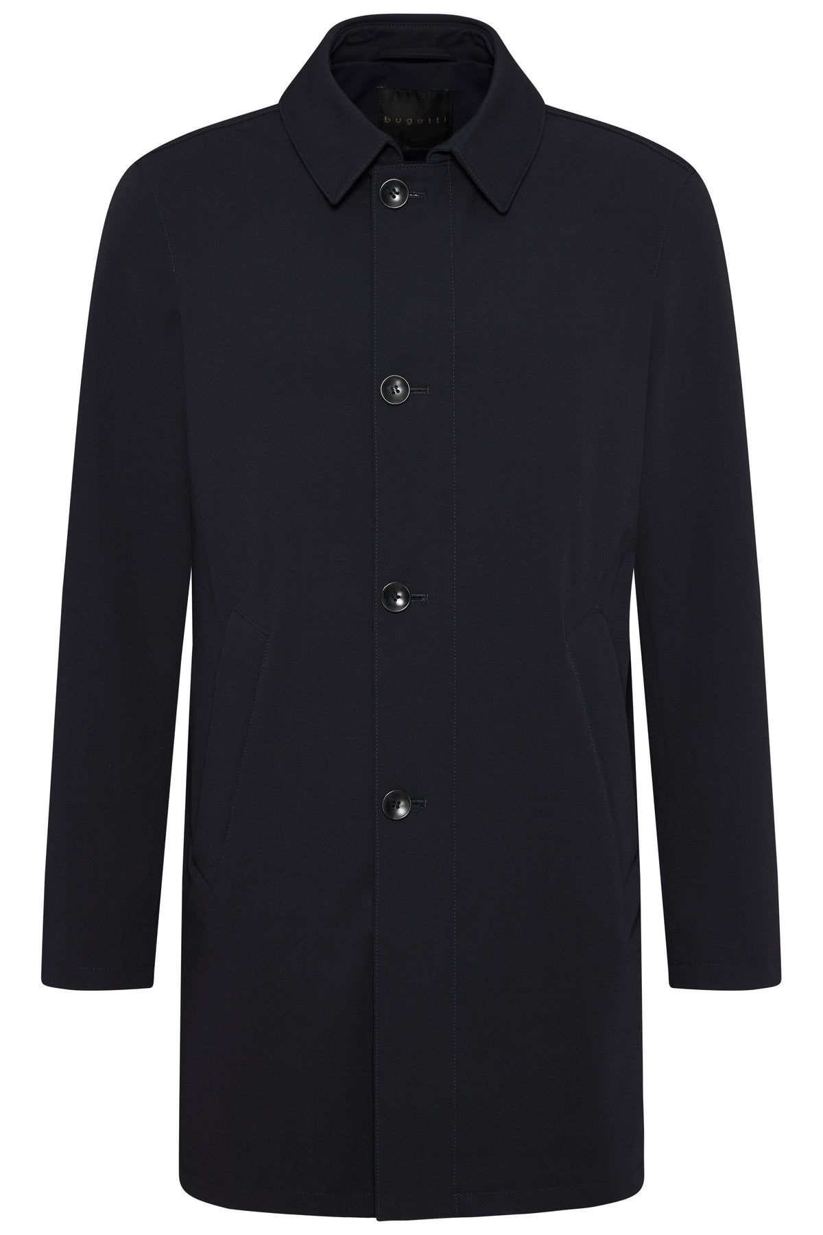 Black bugatti coat, classic design, bust view.