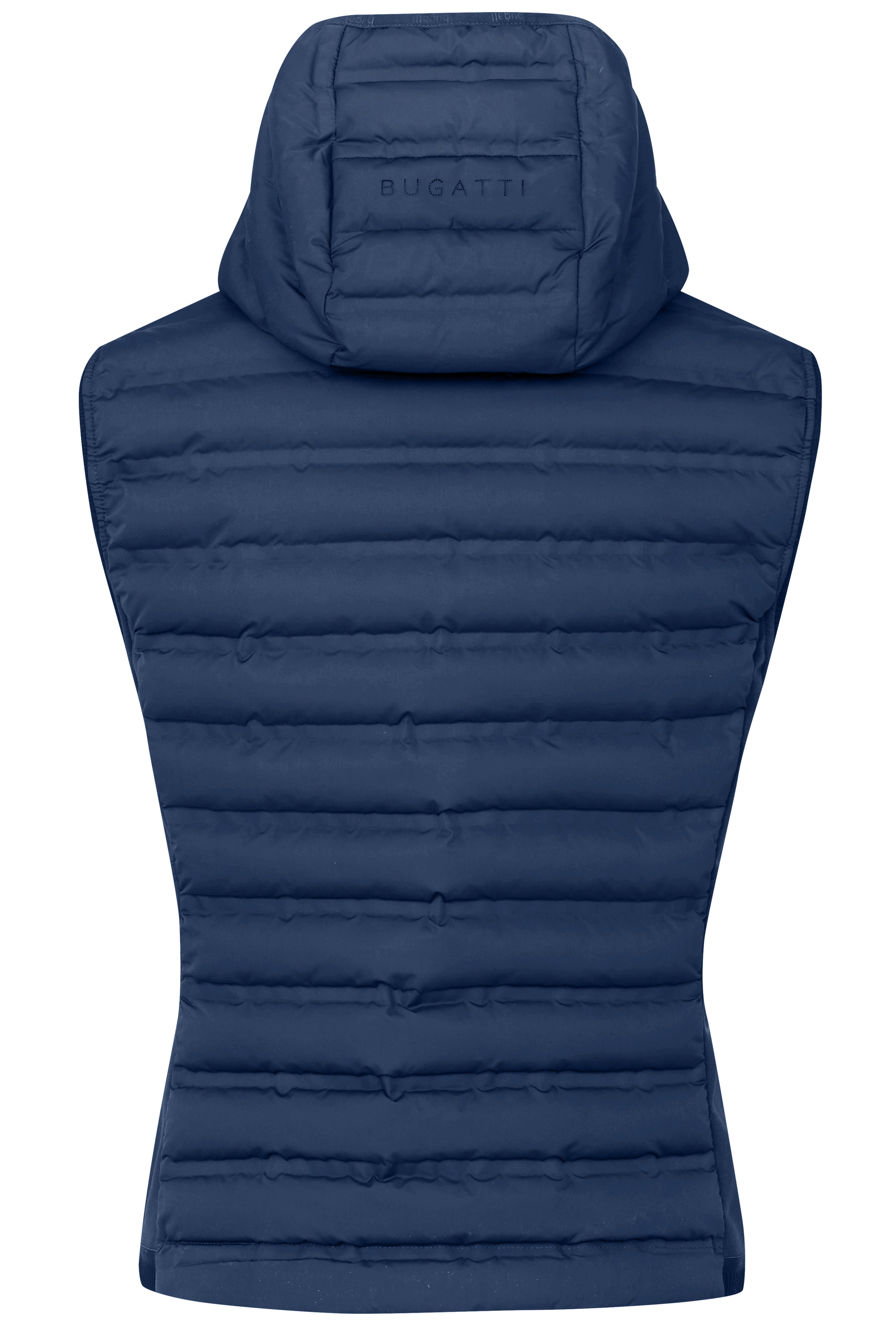 Blau bugatti gewatteerde rug met capuchon, geen model, toont elegante, functionele stijl.