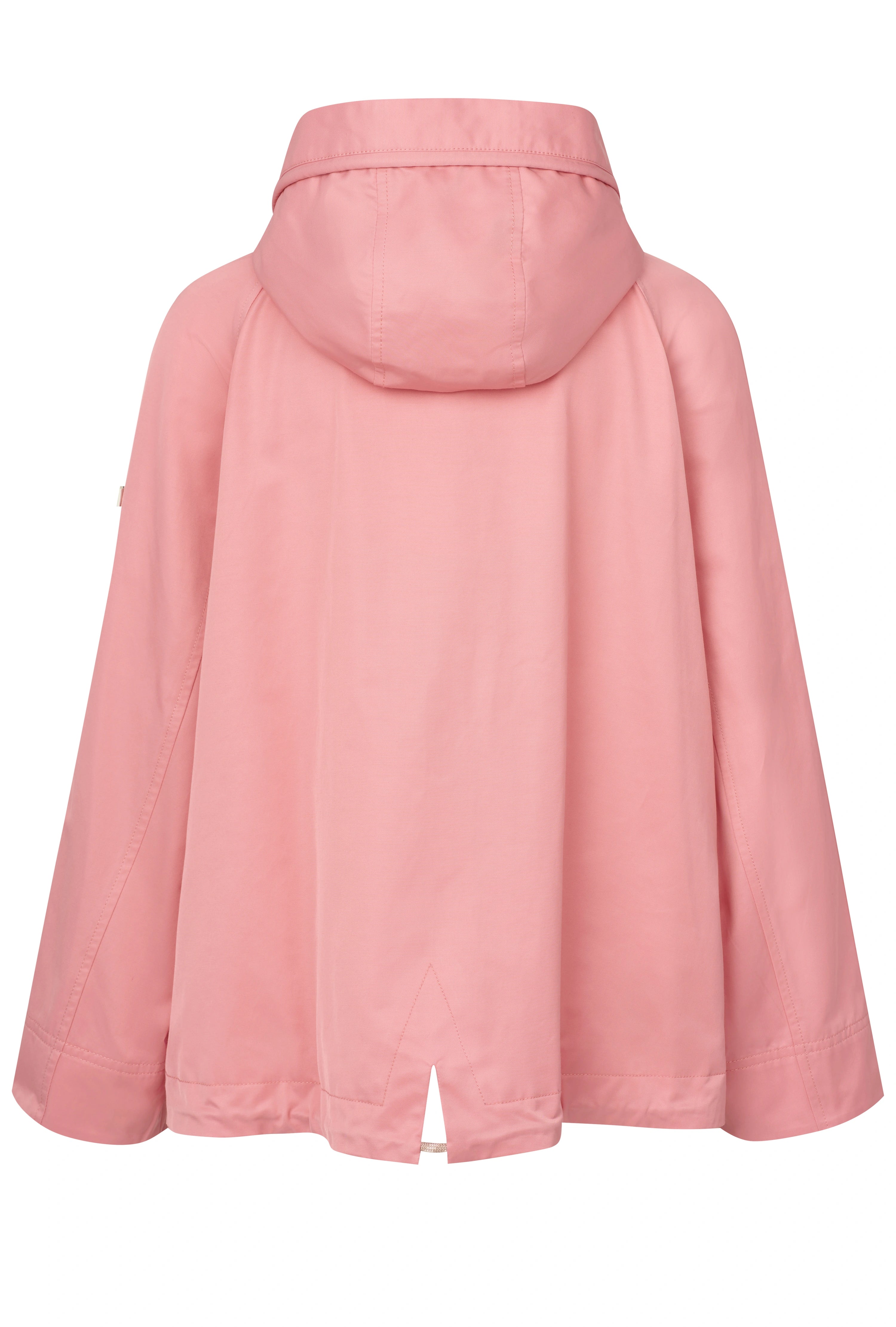 Pink bugatti cape with hood, casual style, back view.
