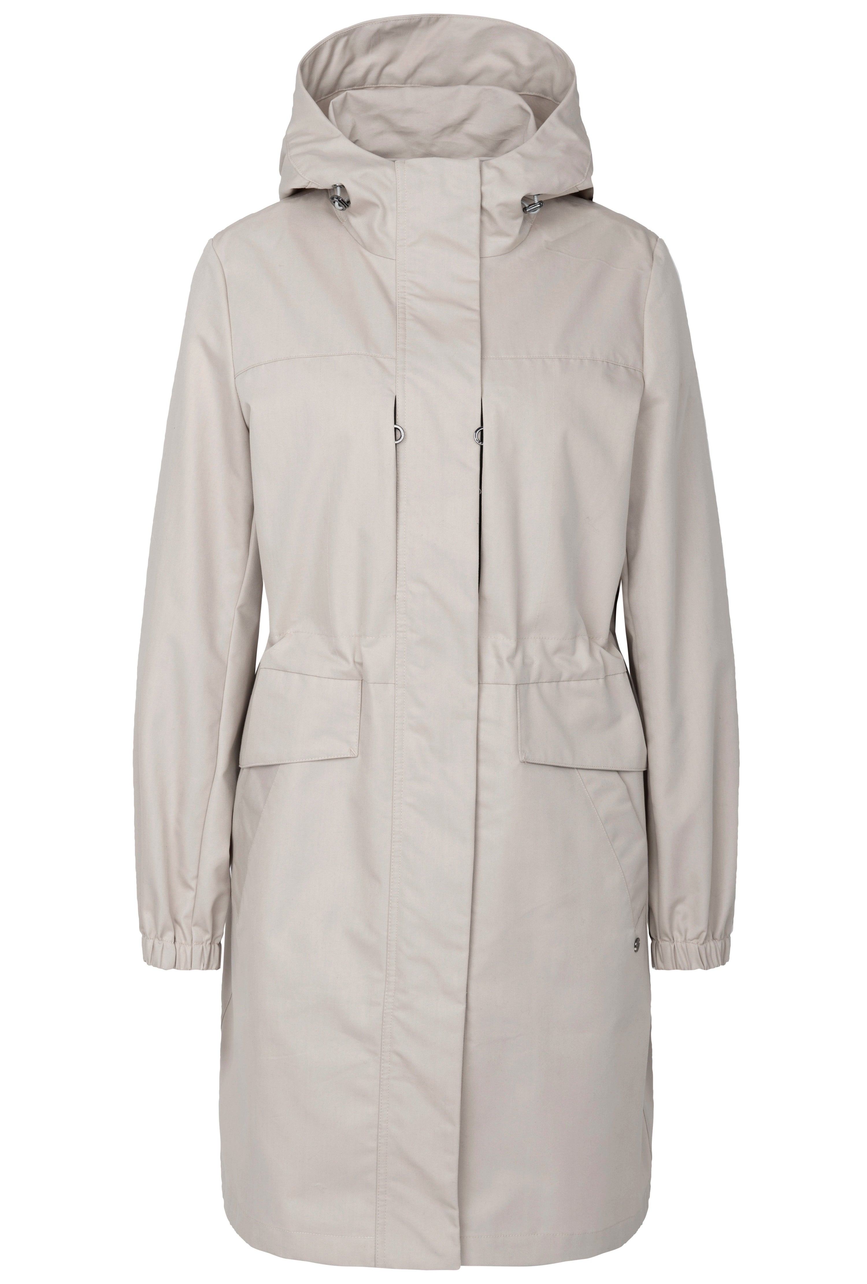 Beige bugatti coat, bust view, elegant design with hood and pockets.