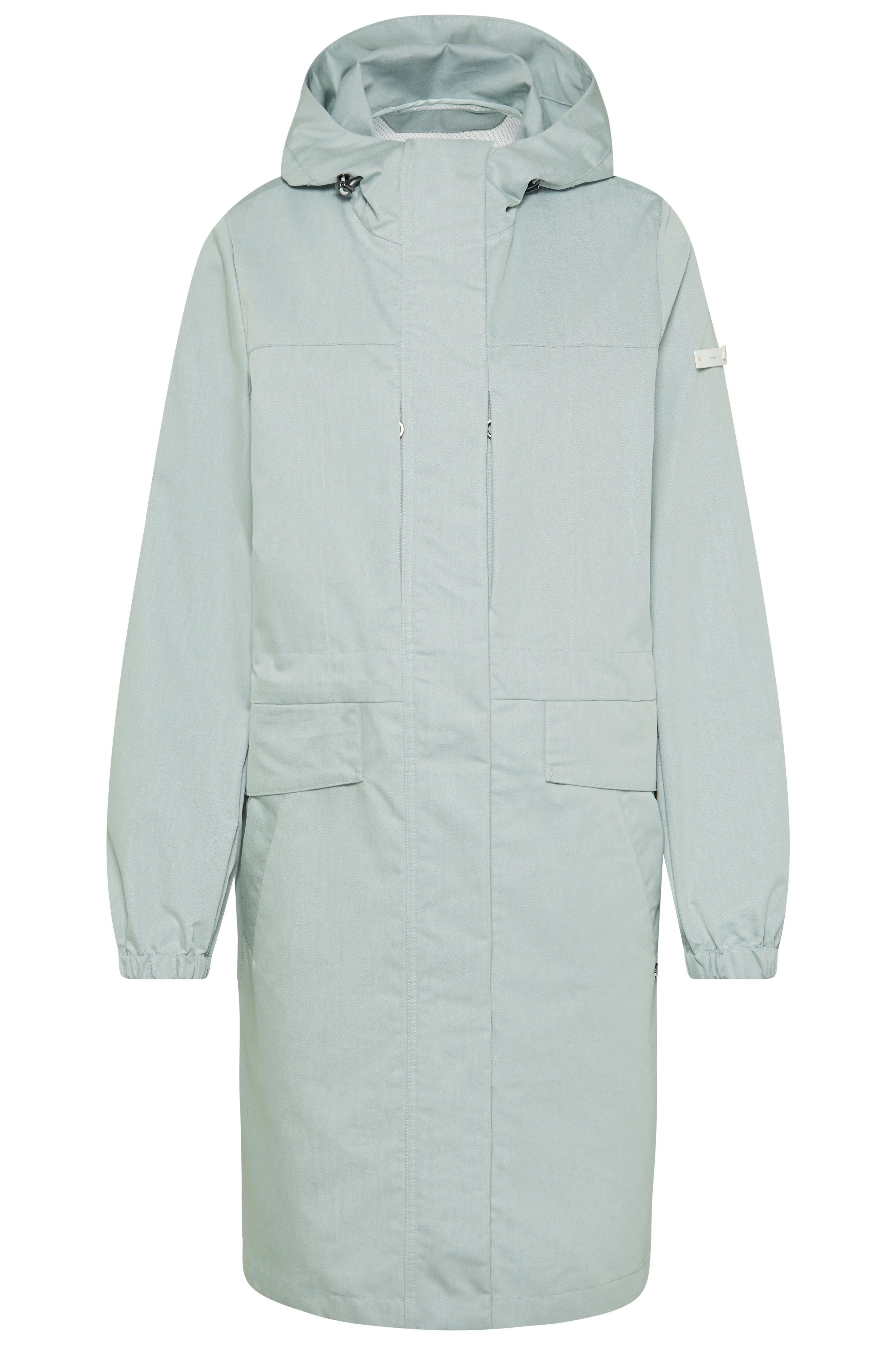 bugatti Mantel, hellblau, legeres Büstenbild, minimalistisch, stilvoll, zeitloses Design.